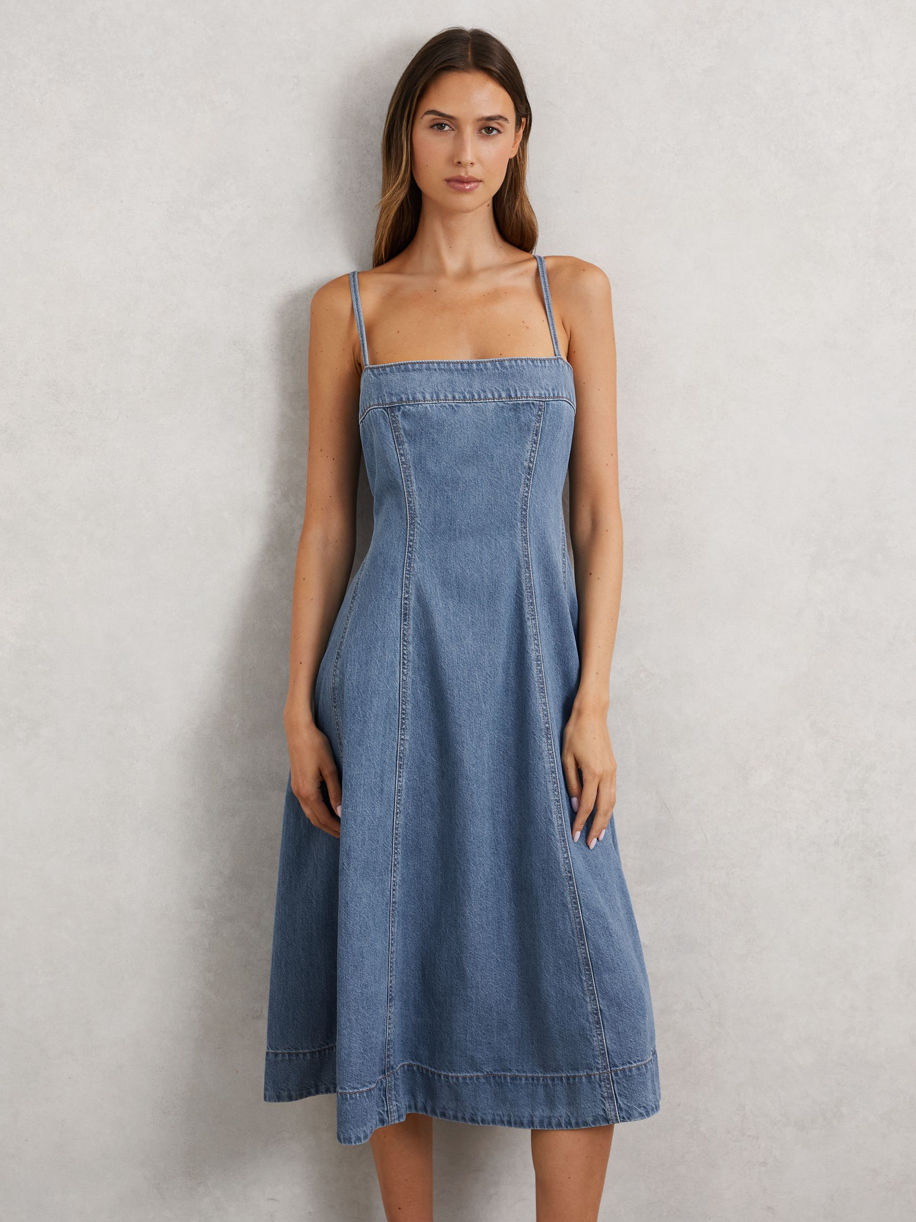 Paige Flared Denim Midi Dress in Light Blue