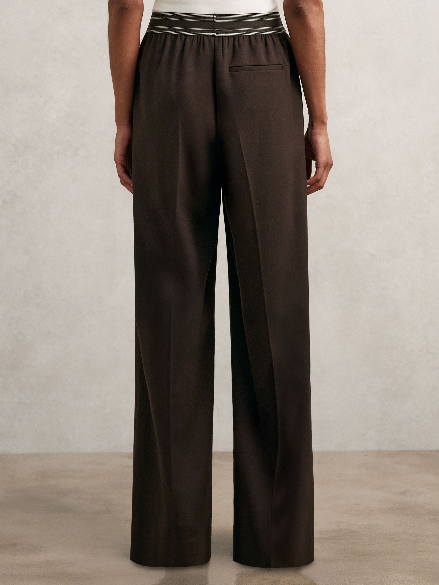 Wide-Leg Contrast-Waistband Trousers in Chocolate Brown