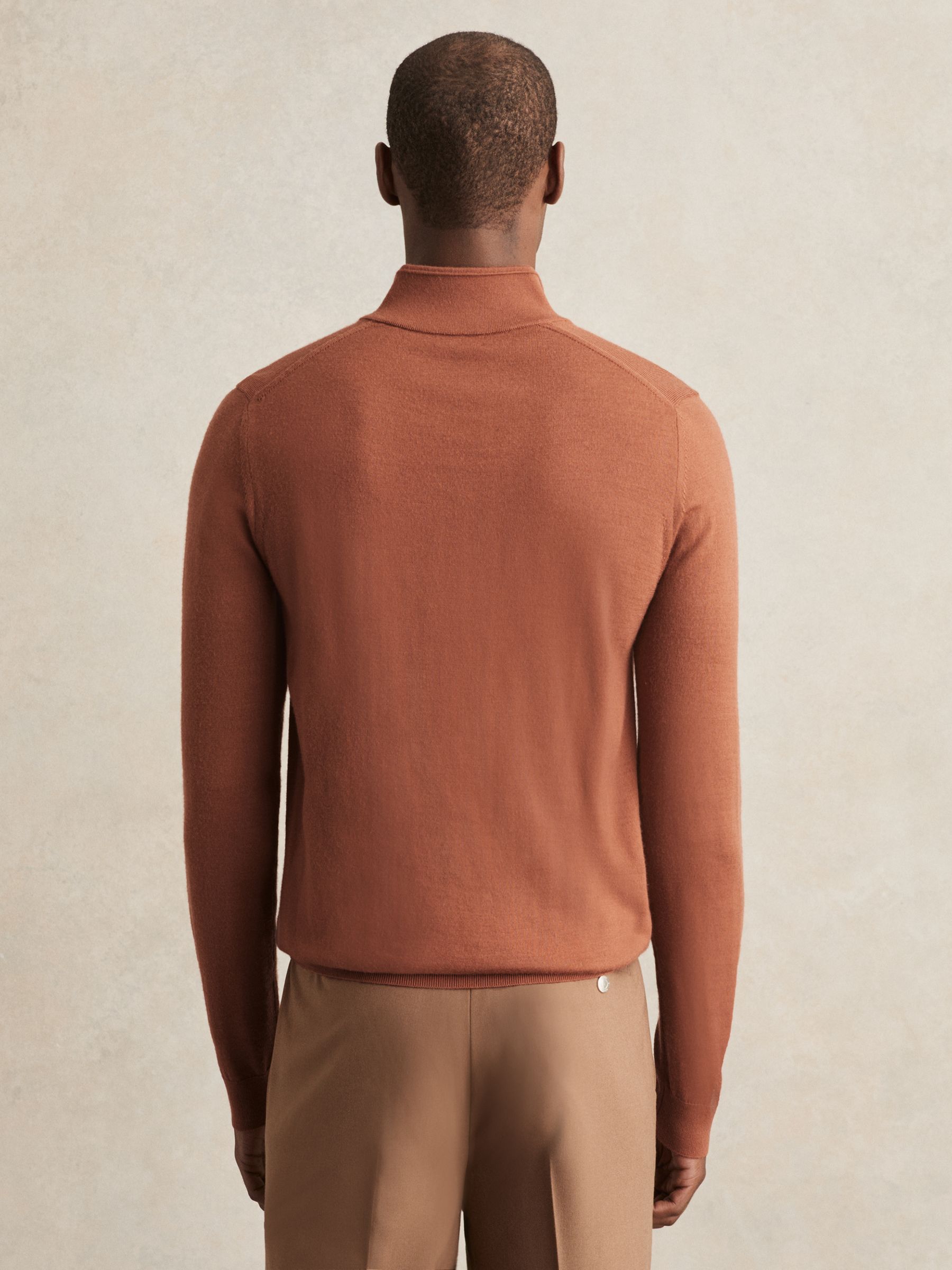 Merino Wool Half-Zip Funnel Neck Jumper in Cinnamon Brown