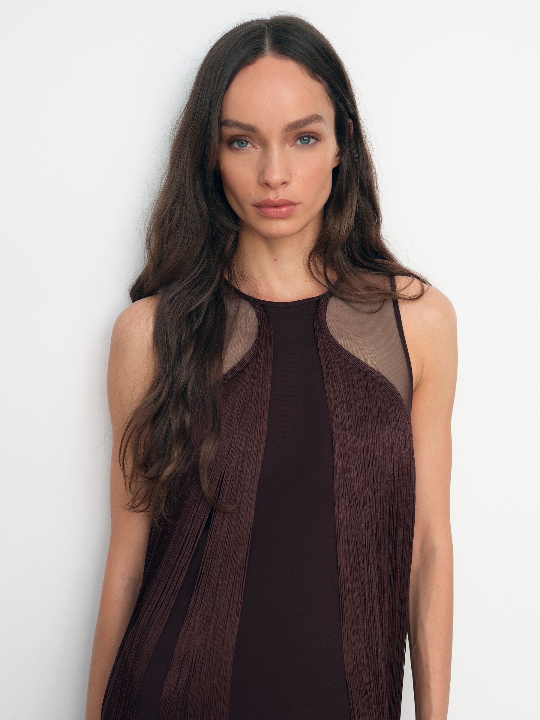 Fringe-Detail Sheer-Panel Mini Dress in Burgundy