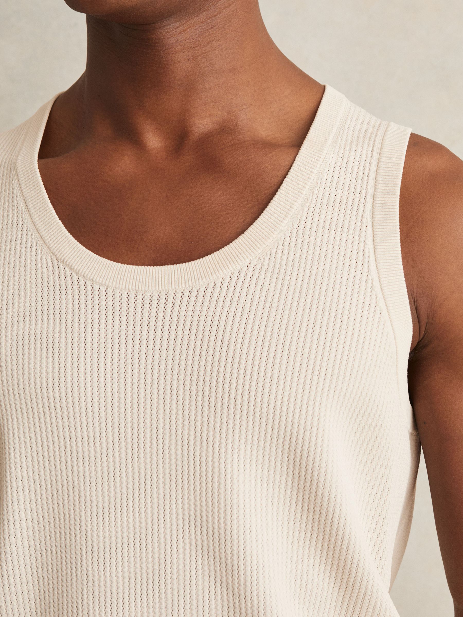 Textured Crew Neck Ribbed Vest in Off White