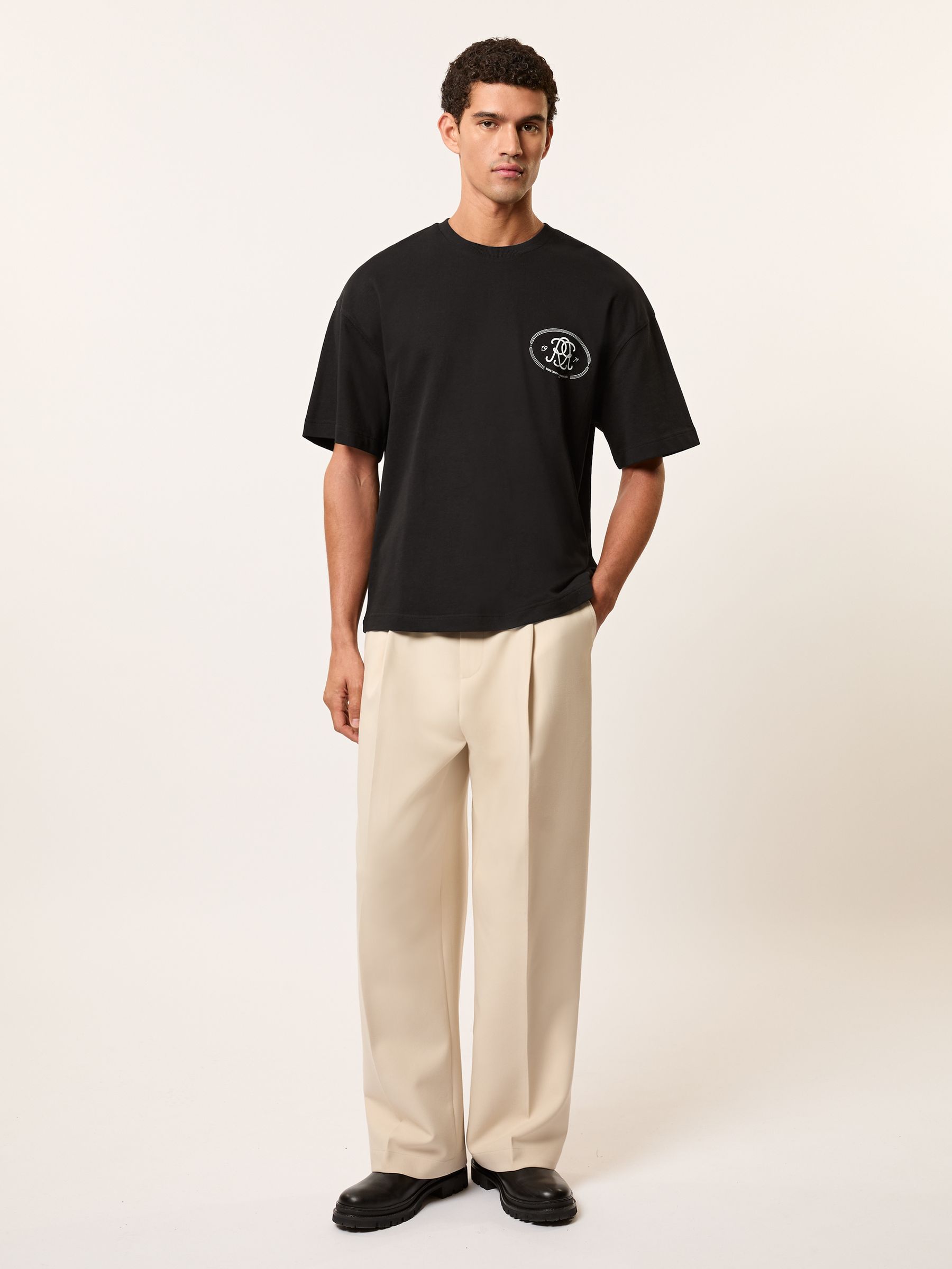 Monogram Print Cotton Oversized T-Shirt in Black