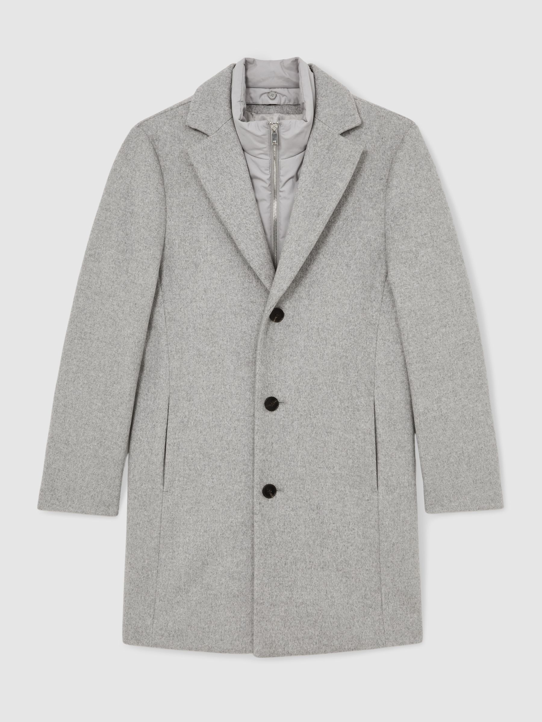 Wool-Blend Internal-Gilet Overcoat in Soft Grey