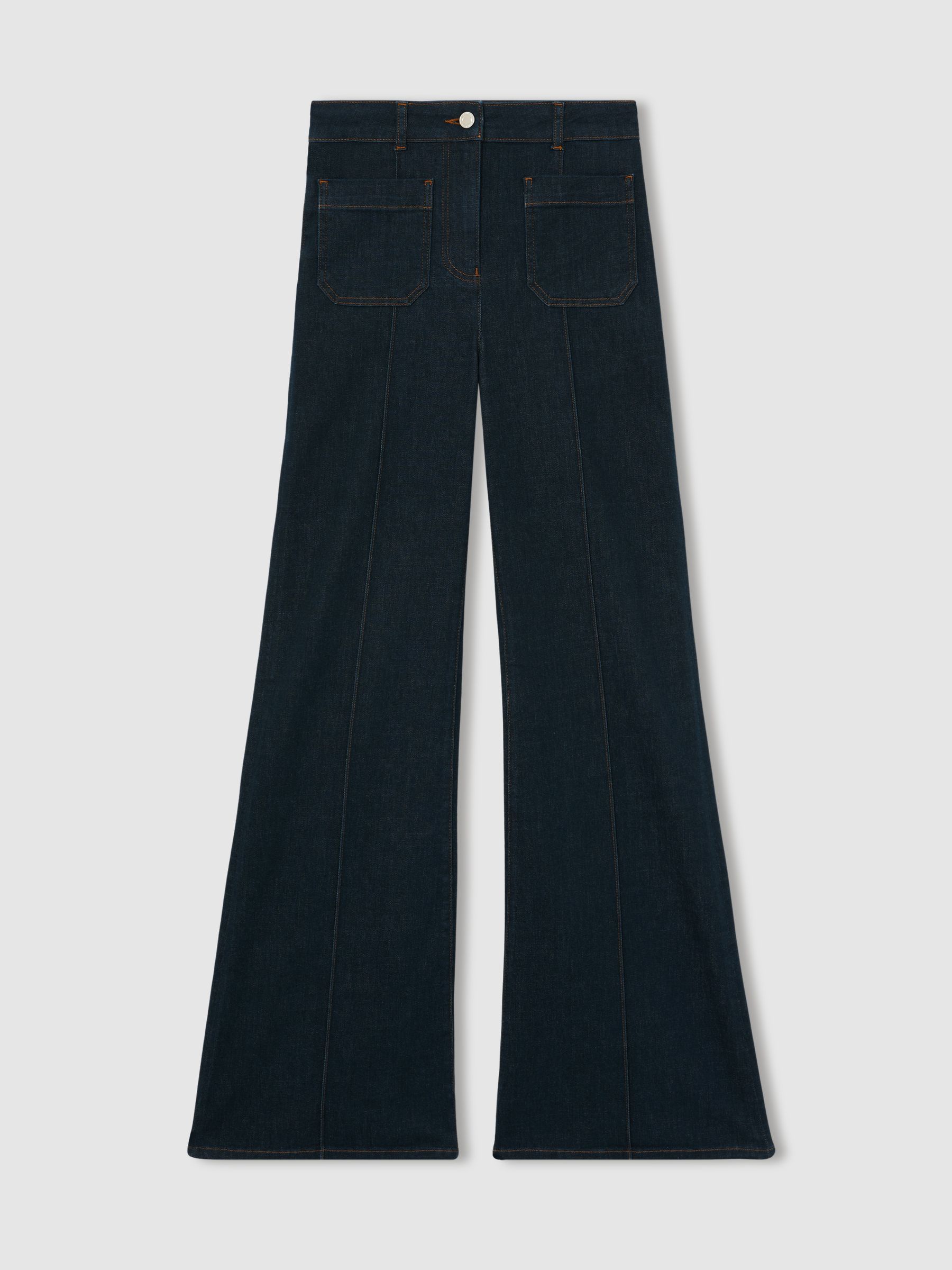 Patch-Pocket Flared Jeans in Dark Blue