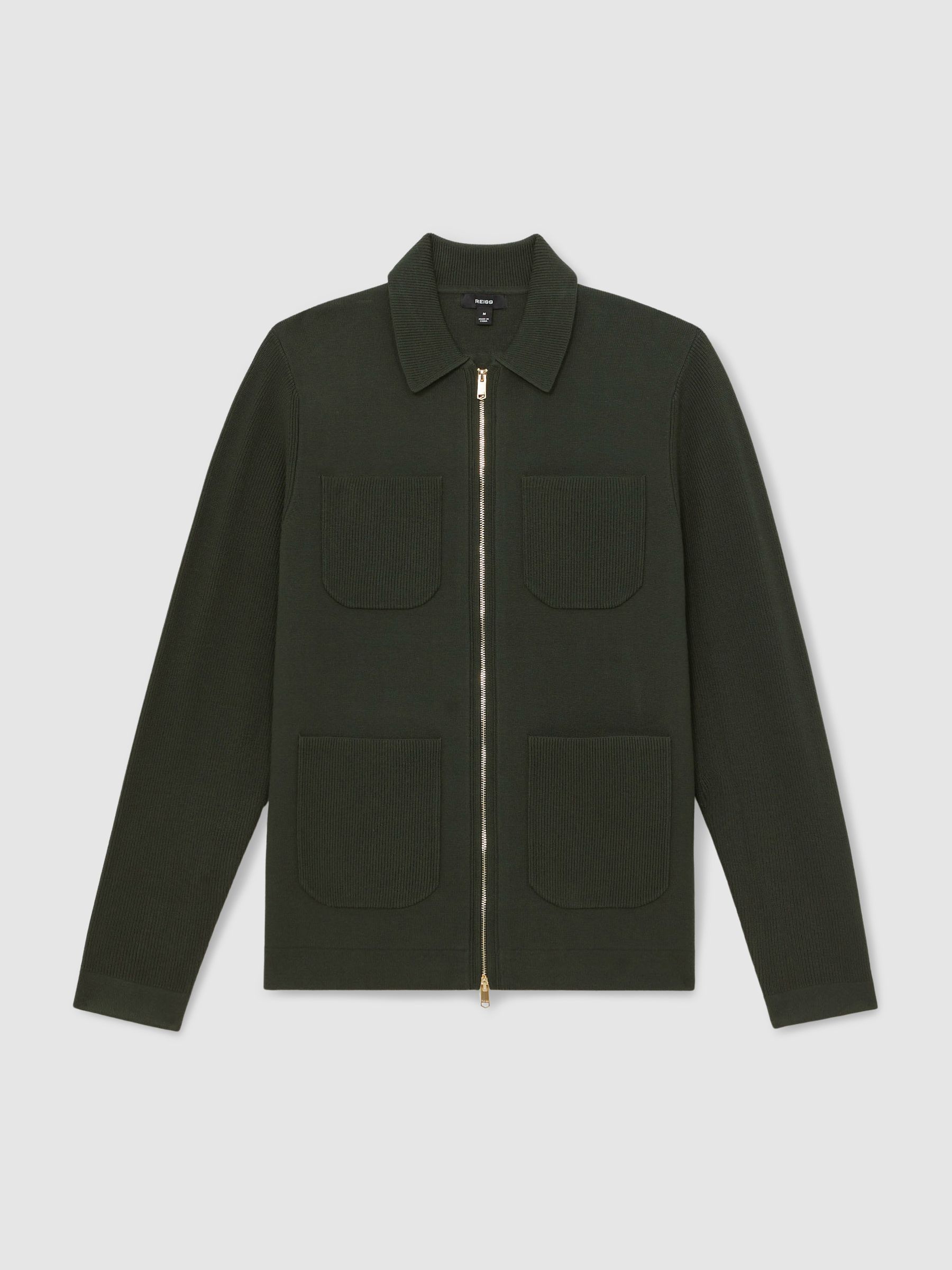 Four-Pocket Zip-Through Cardigan in Forest Green
