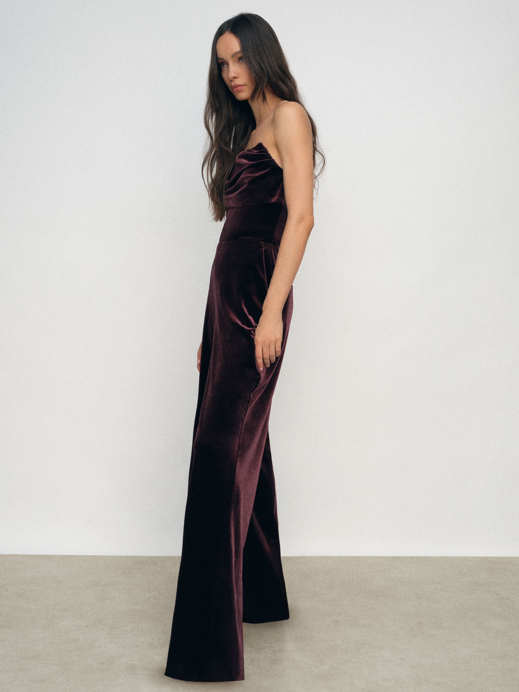 Velvet Drape Strapless Jumpsuit in Burgundy