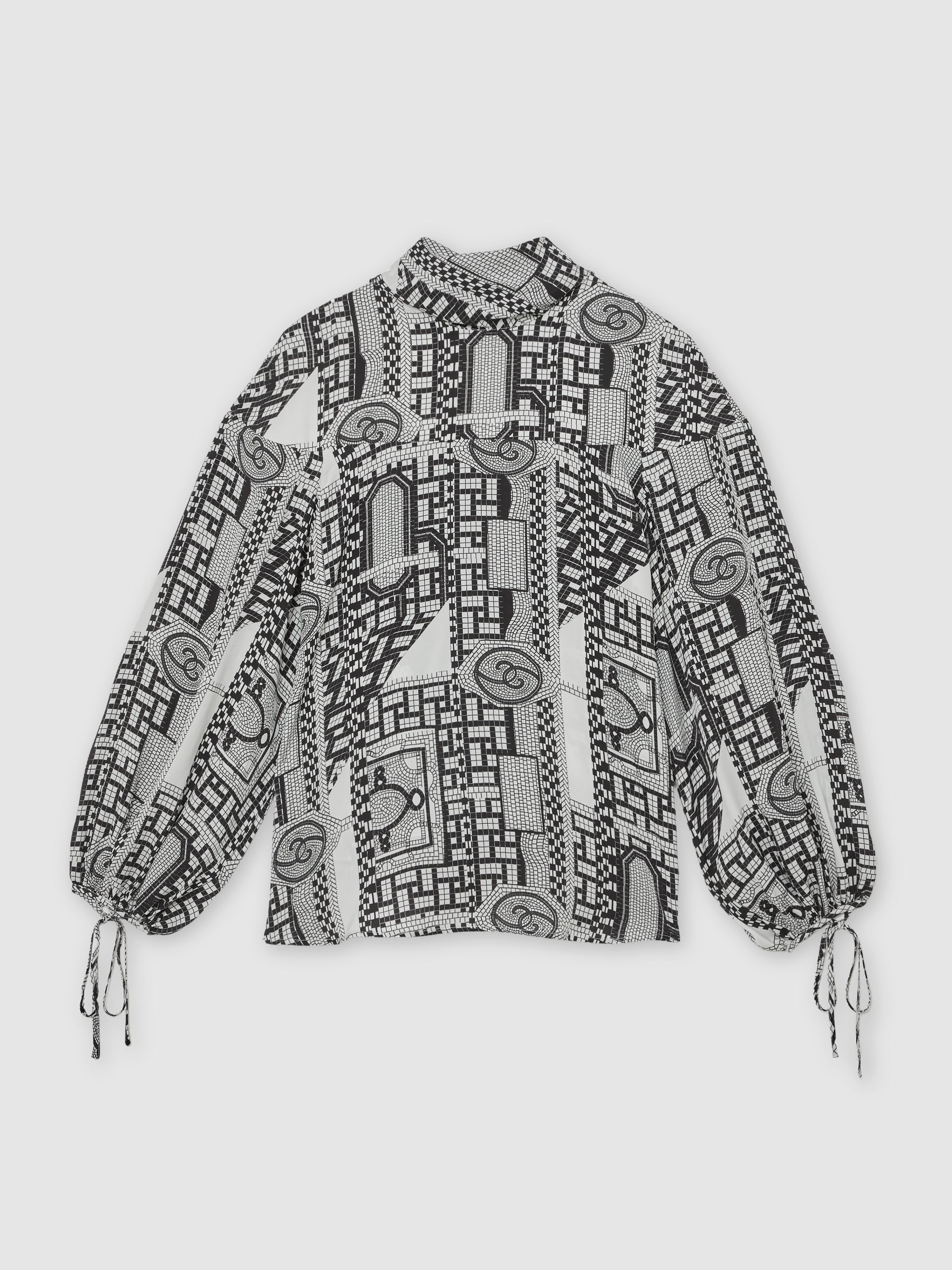 Tile-Print Balloon-Sleeve Blouse in Ivory/Black