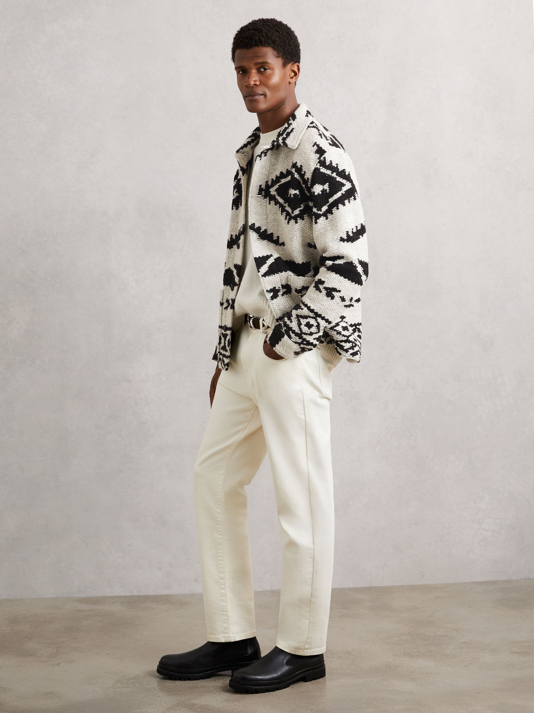 Fair Isle Jacquard Overshirt with Wool in Off White/Black