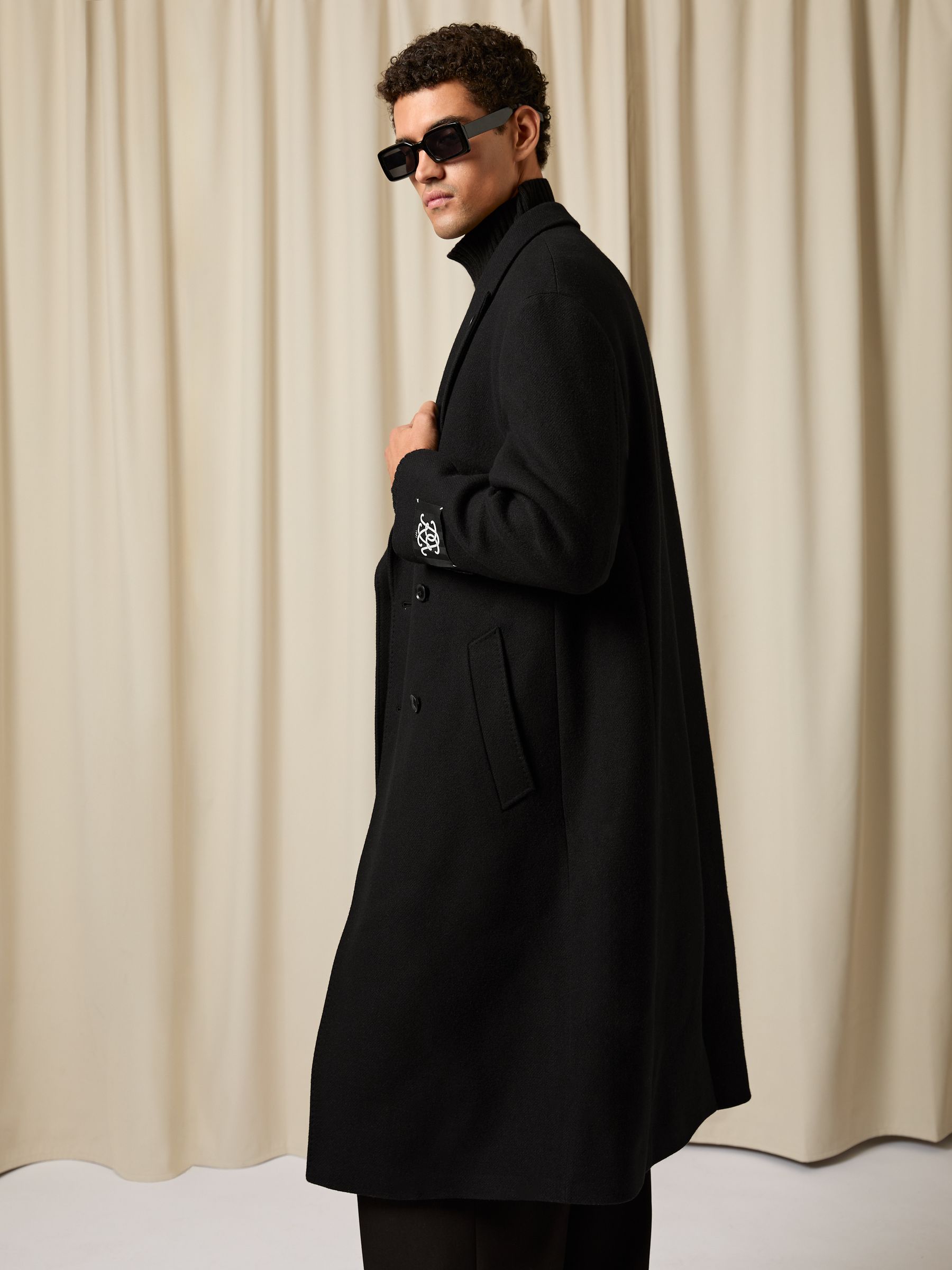 Monogram Long Double-Breasted Coat Wool-Blend in Black