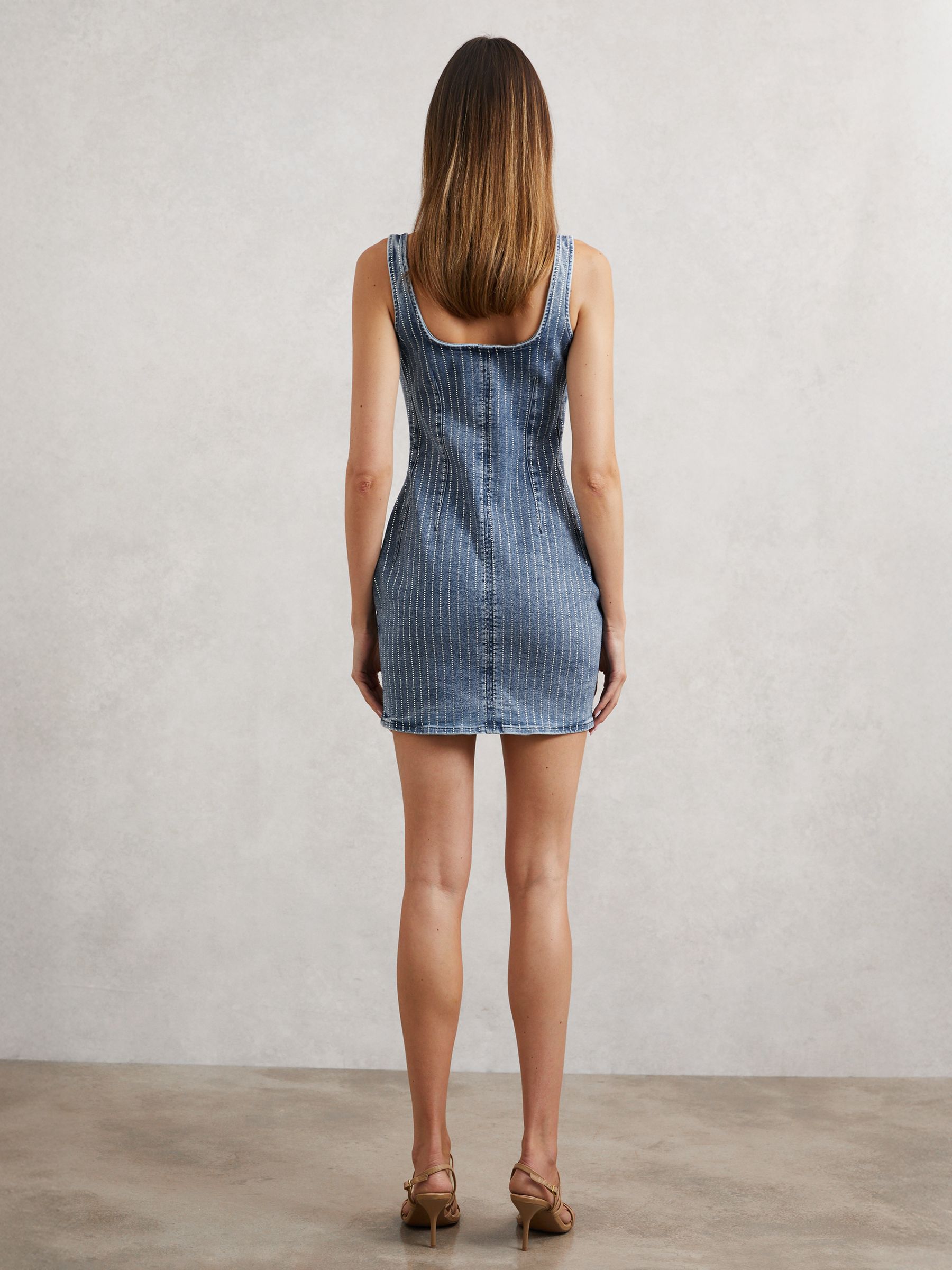Good American Denim Rhinestone Dress in Indigo Blue