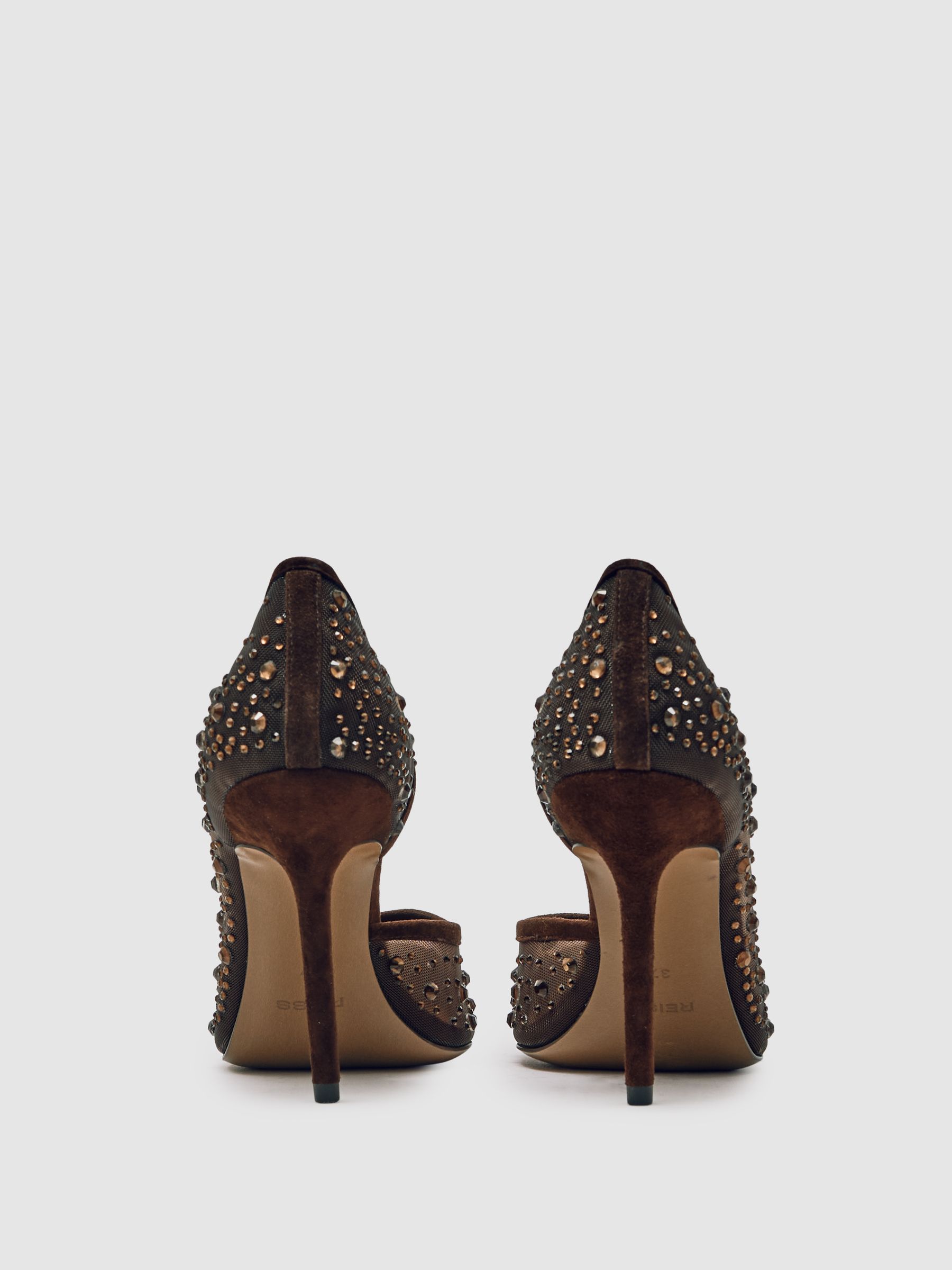 Crystal Embellished Mesh Court Shoes in Chocolate
