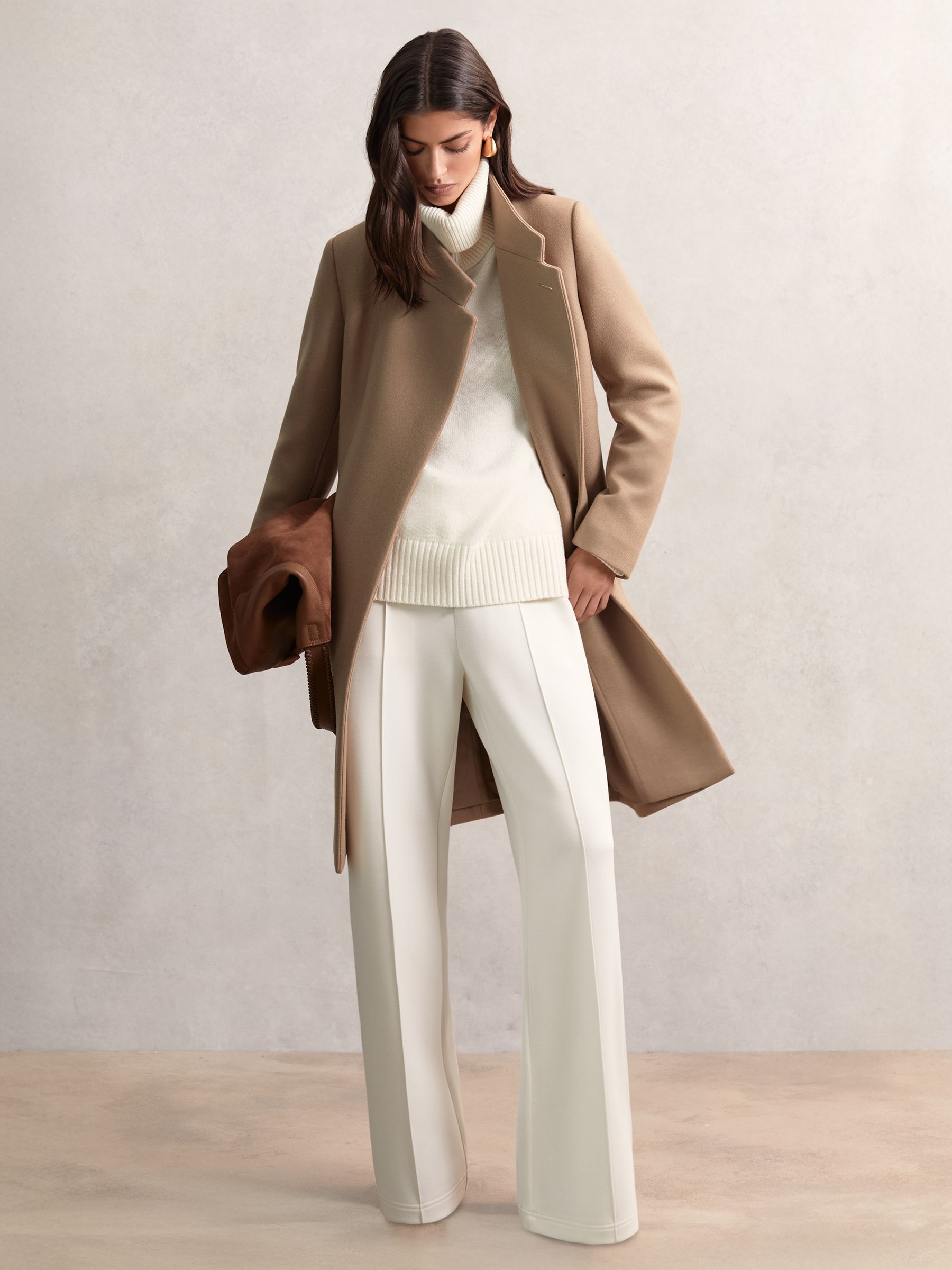 Wool-Blend Wrapover Mid-Length Coat in Camel