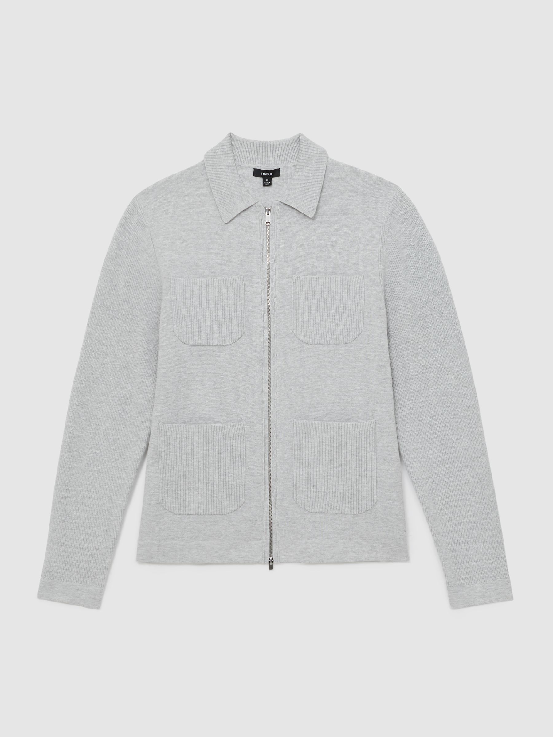 Four-Pocket Zip-Through Cardigan in Soft Grey