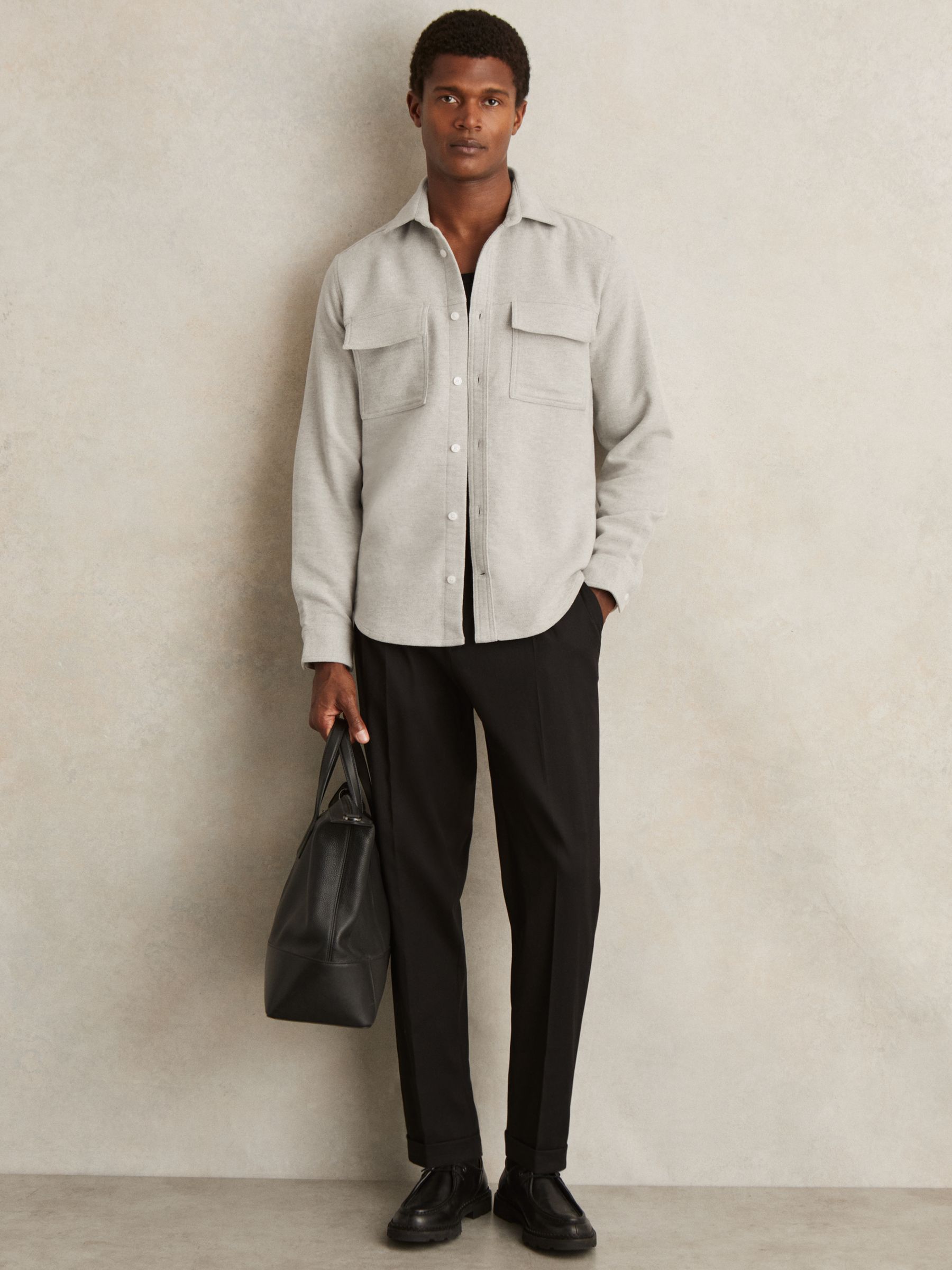 Moleskin-Cotton Twin-Pocket Overshirt in Soft Grey Melange