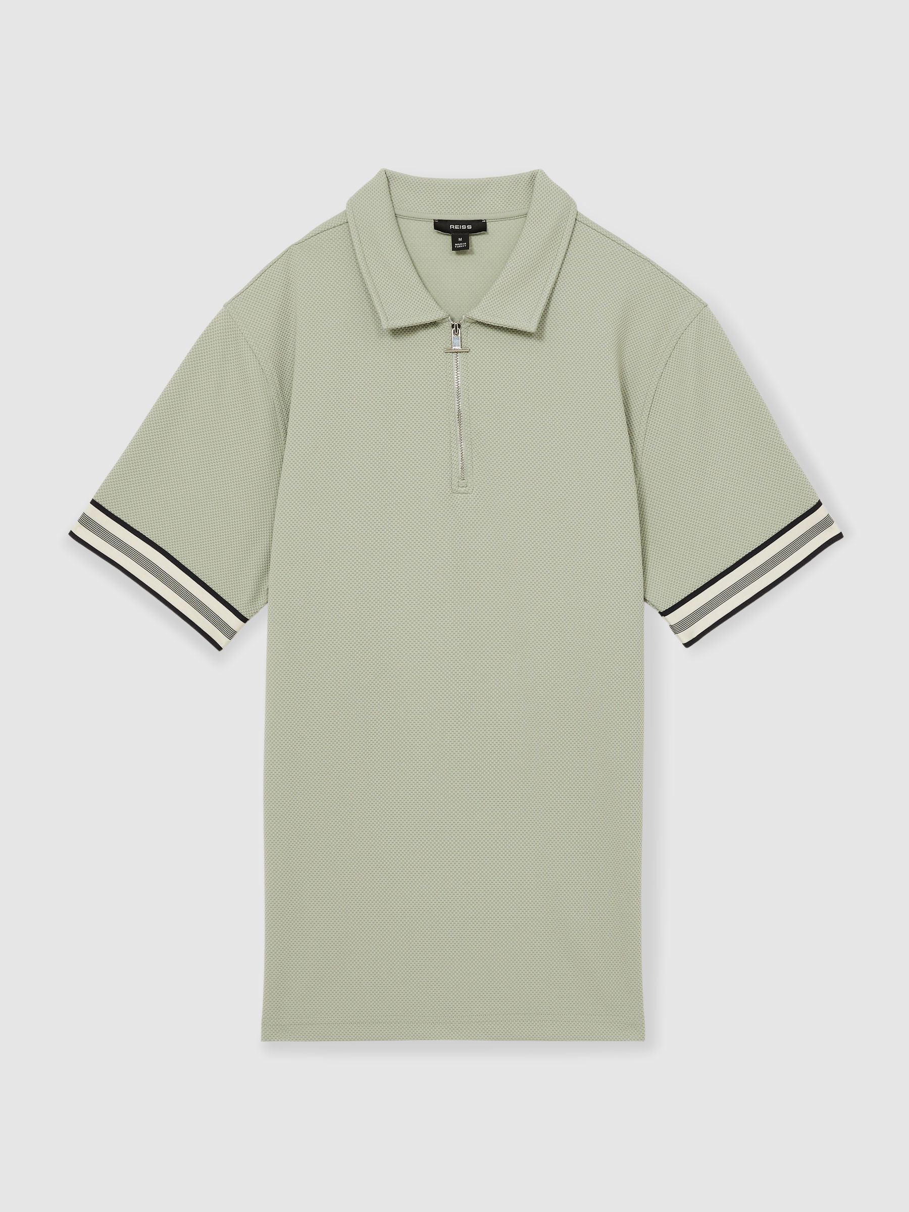 Textured Contrast Trim Half-Zip Polo Shirt in Sage Green