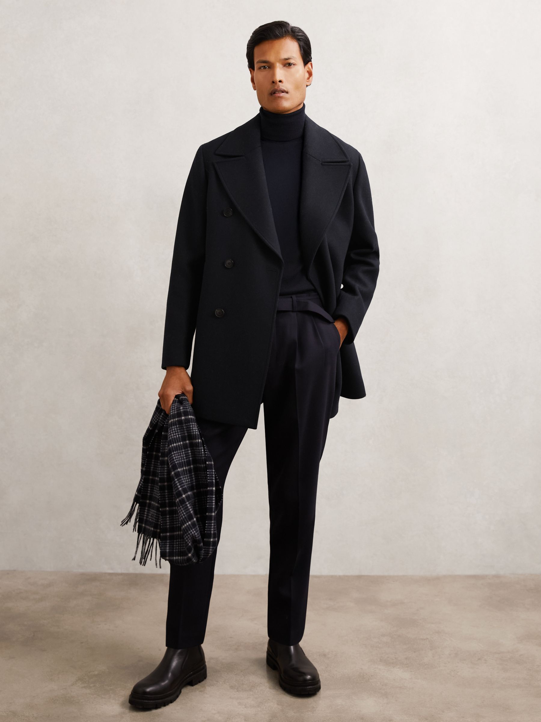 Wool-Blend Double-Breasted Pea Coat in Navy