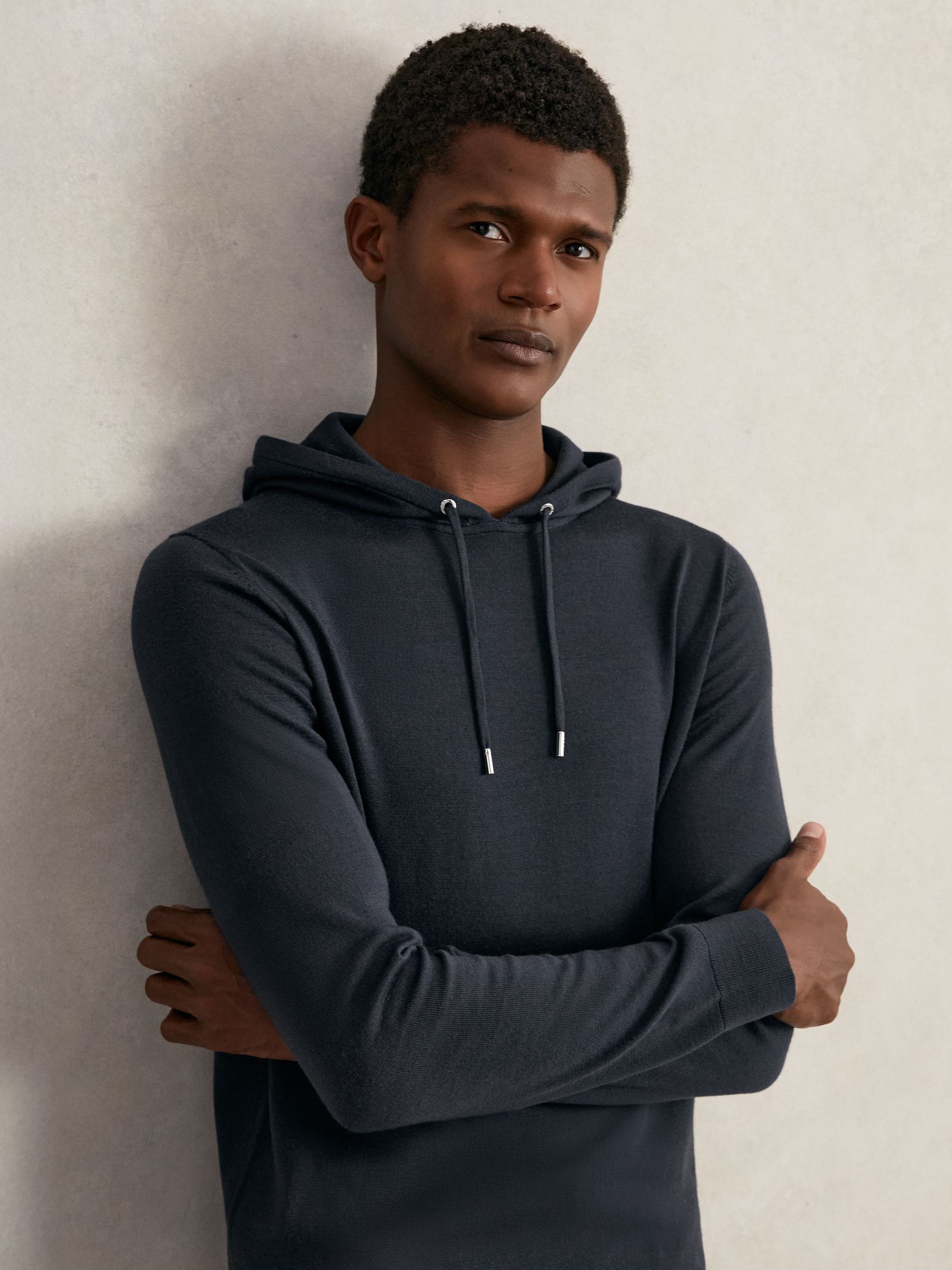 Merino Wool Drawstring Hoodie in Midnight Navy