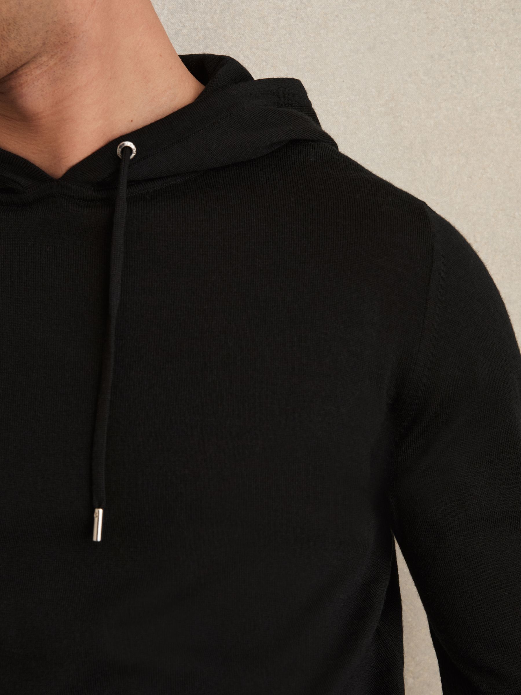 Merino Wool Drawstring Hoodie in Black