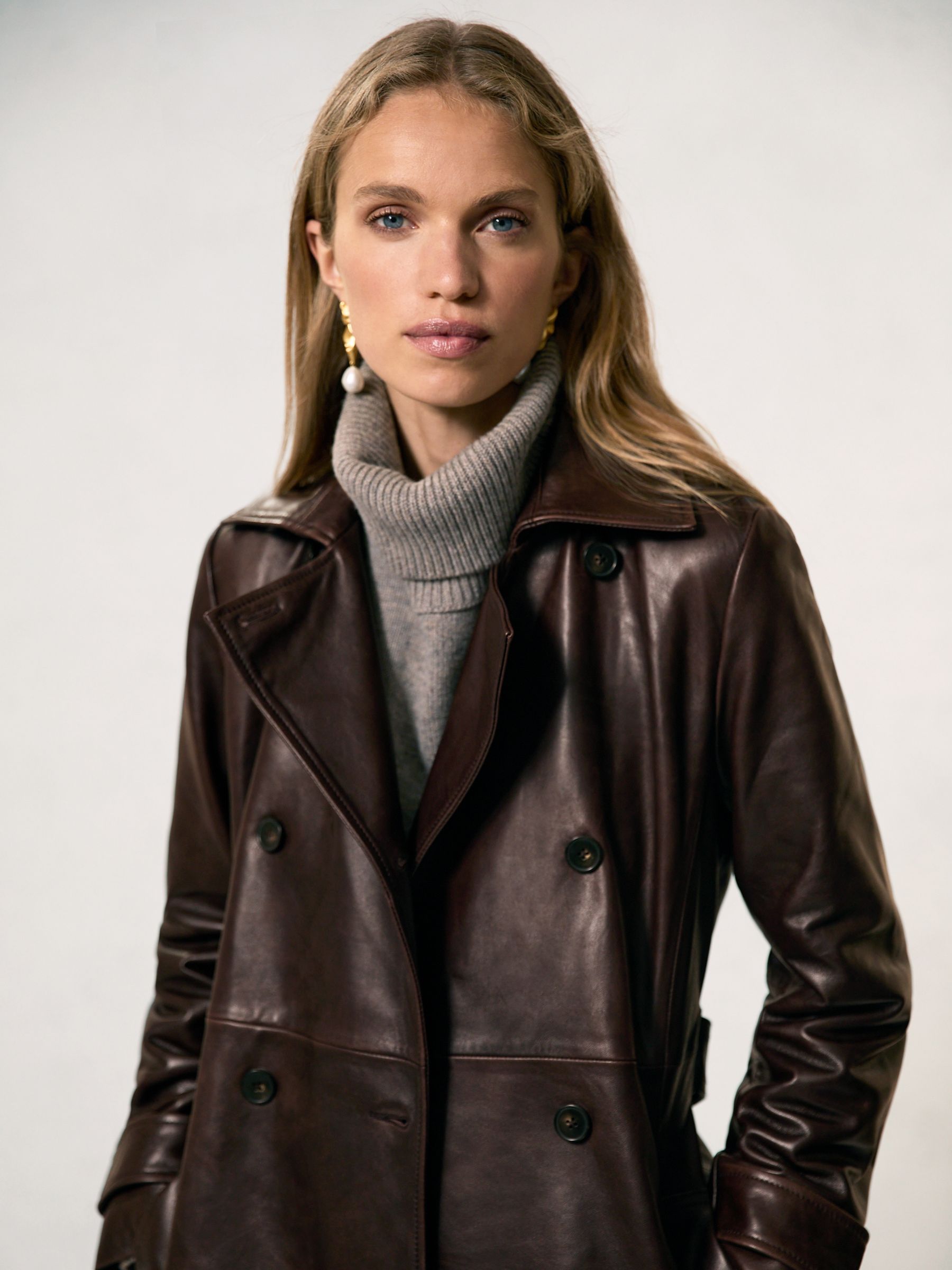 Petite Leather Double-Breasted Trench Coat in Chocolate