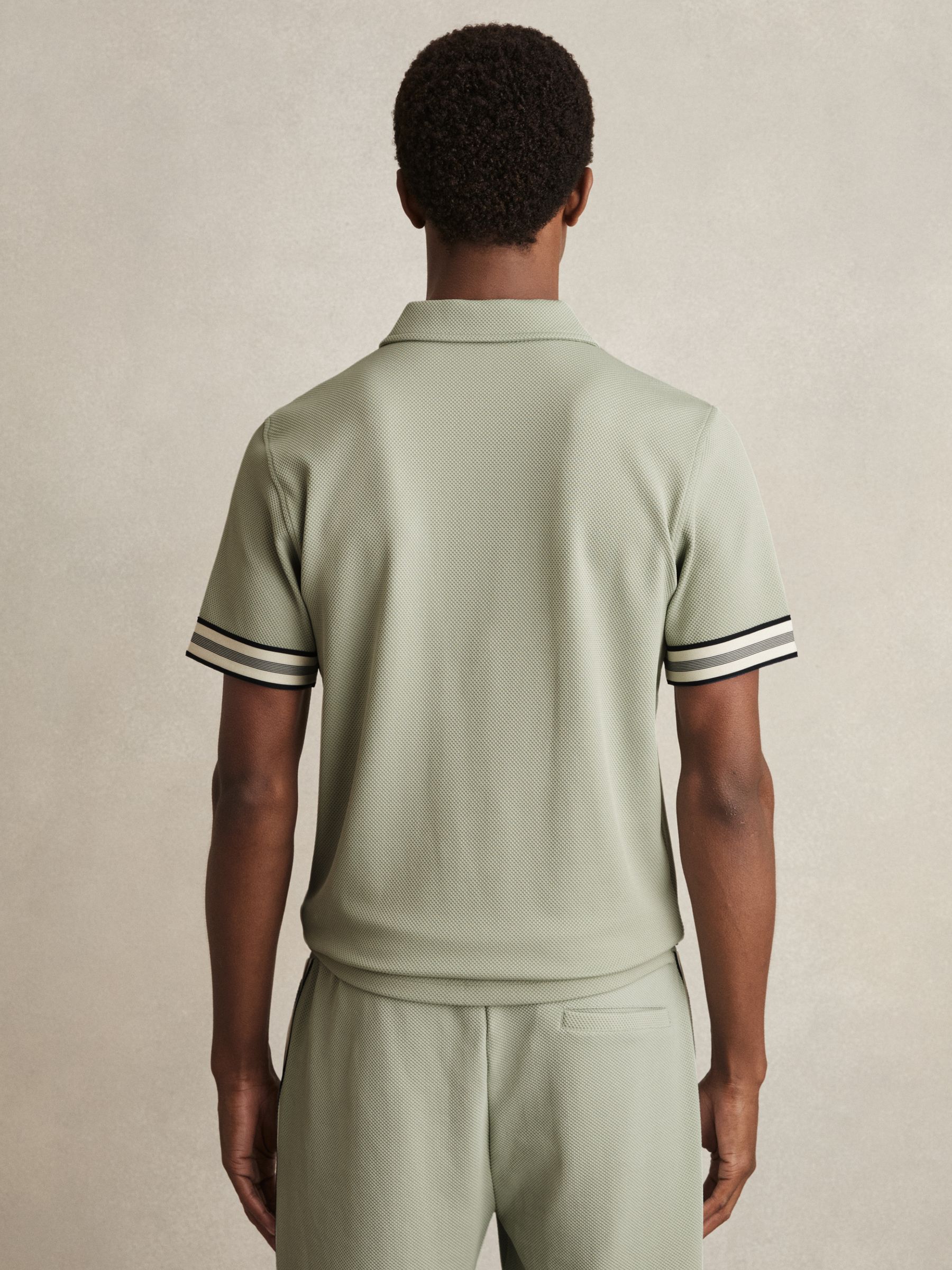 Textured Contrast Trim Half-Zip Polo Shirt in Sage Green
