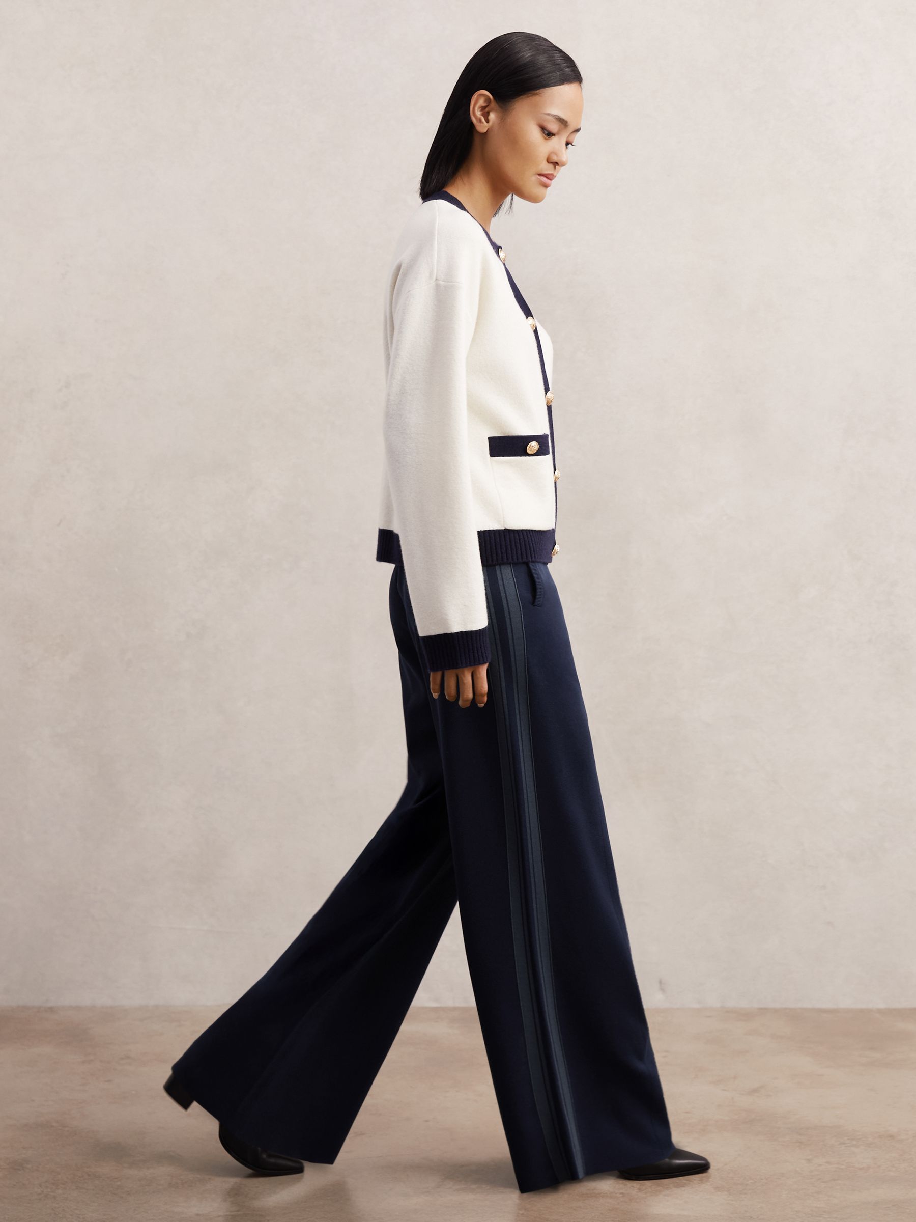 Petite Knitted Side-Stripe Wide-Leg Trousers in Navy