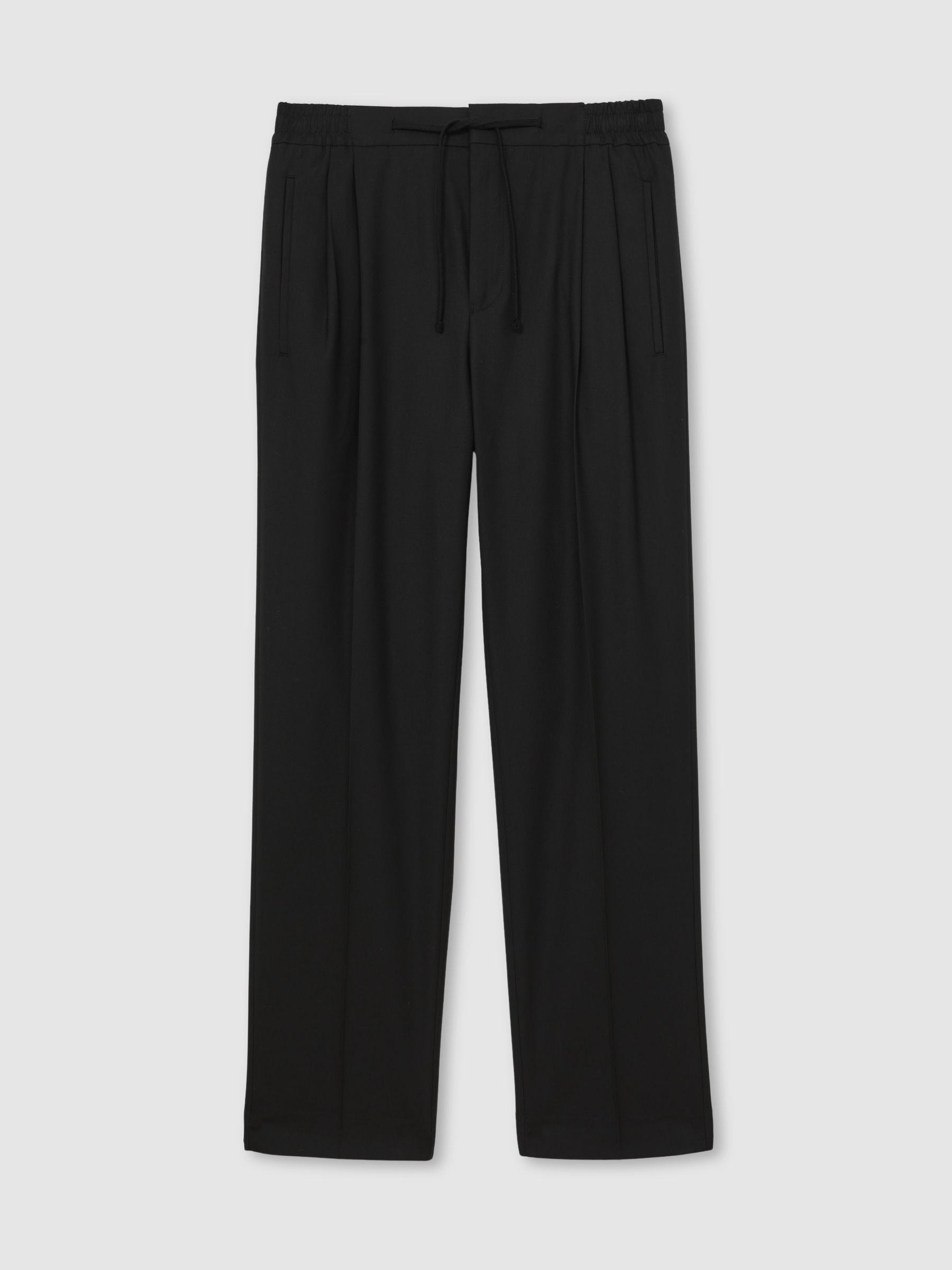 Wide Leg Pleated Drawstring Trousers in Black