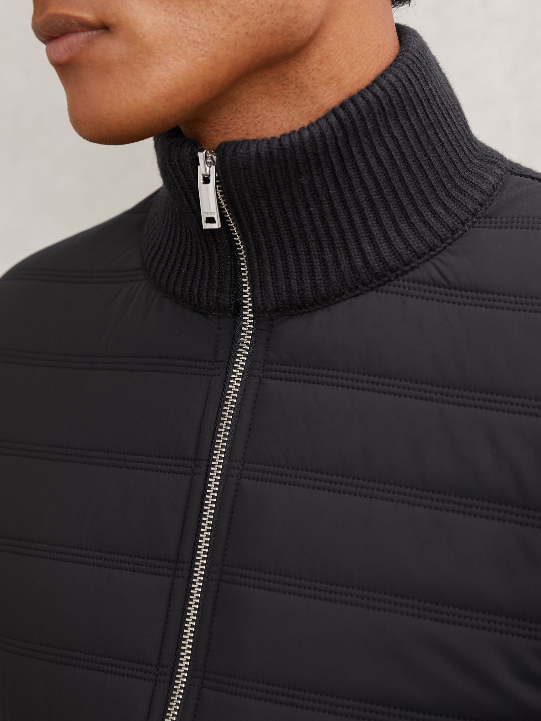 Quilted Rib-Knit Funnel-Neck Jacket in Navy