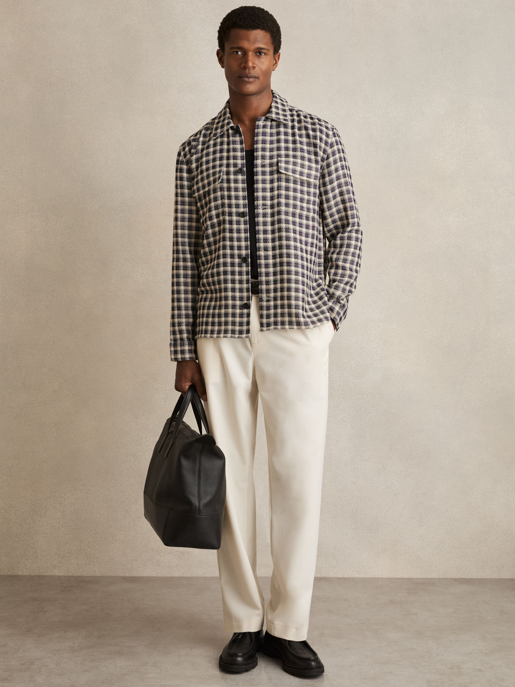 Woven Check Twin Pocket Overshirt in Navy/White