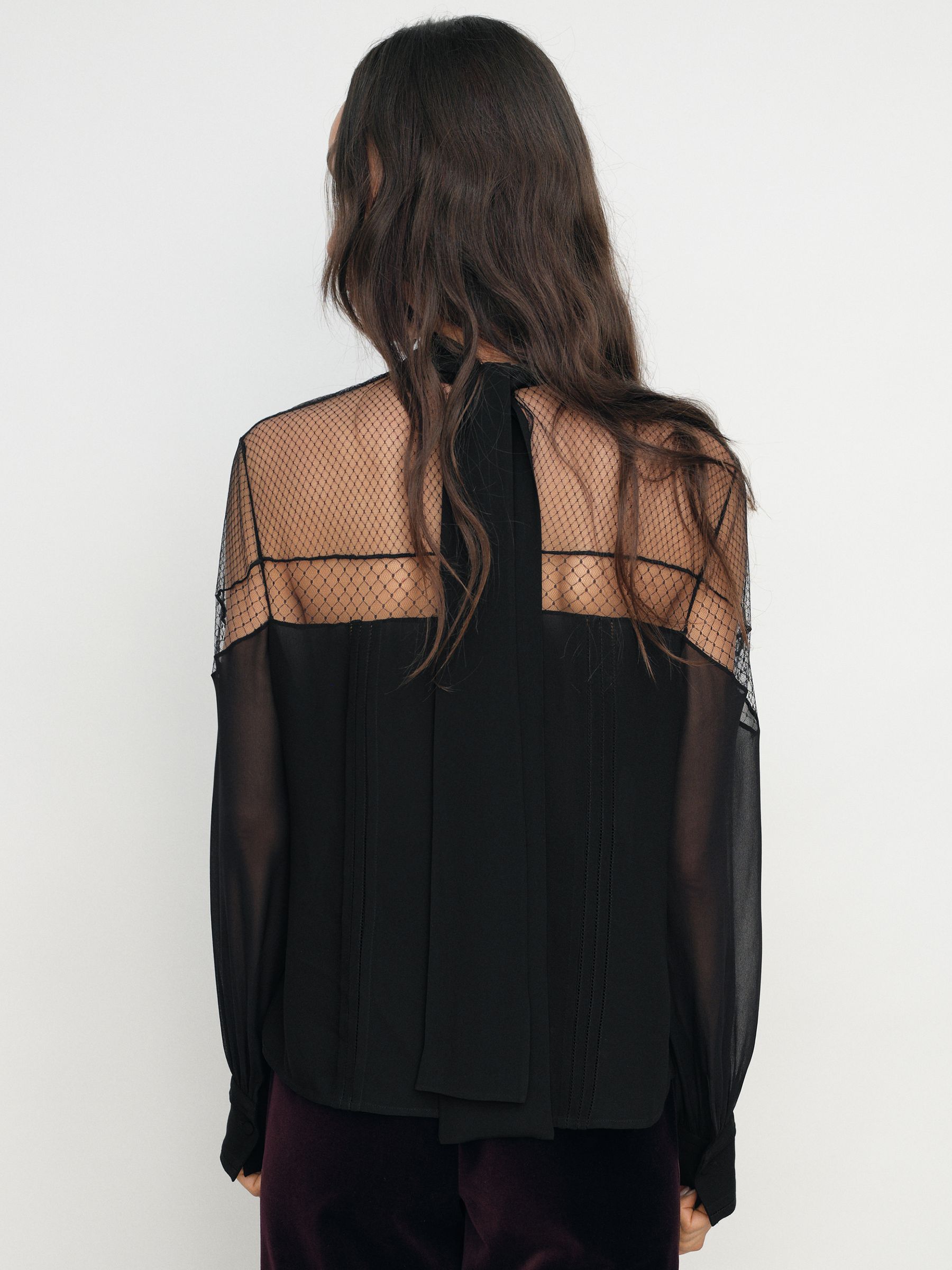 Lace-Insert Tie-Back Blouse in Black