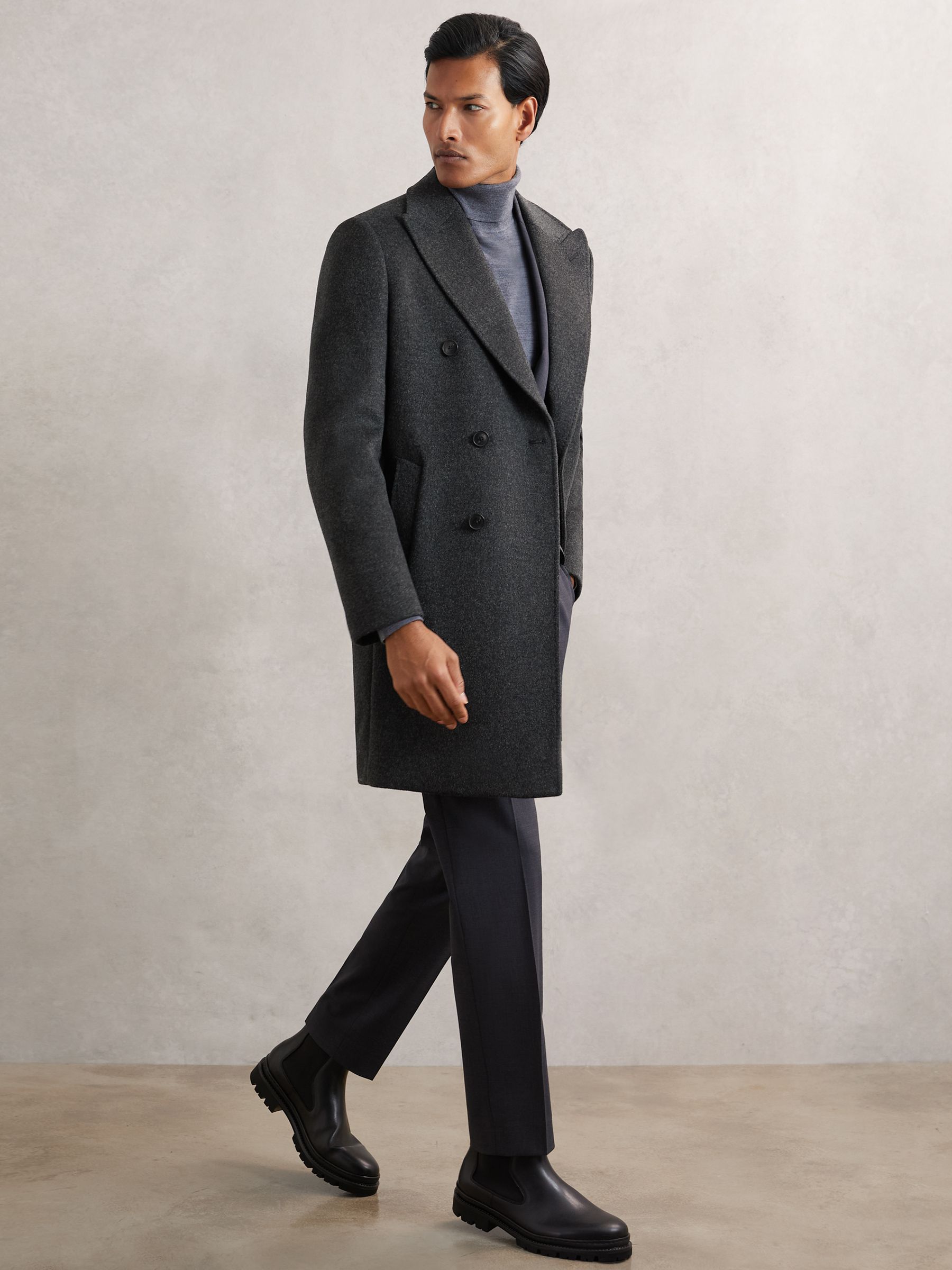 Wool-Blend Double-Breasted Overcoat in Charcoal Grey