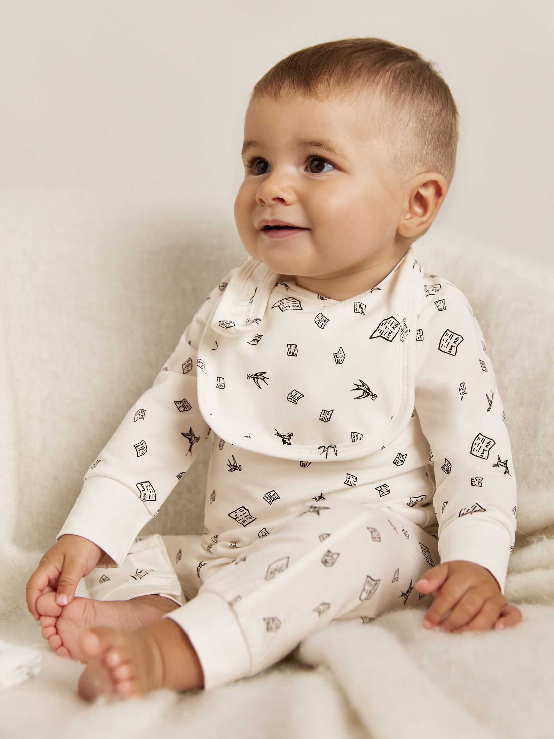 Bird Print Sleepsuit Set in Ivory Print