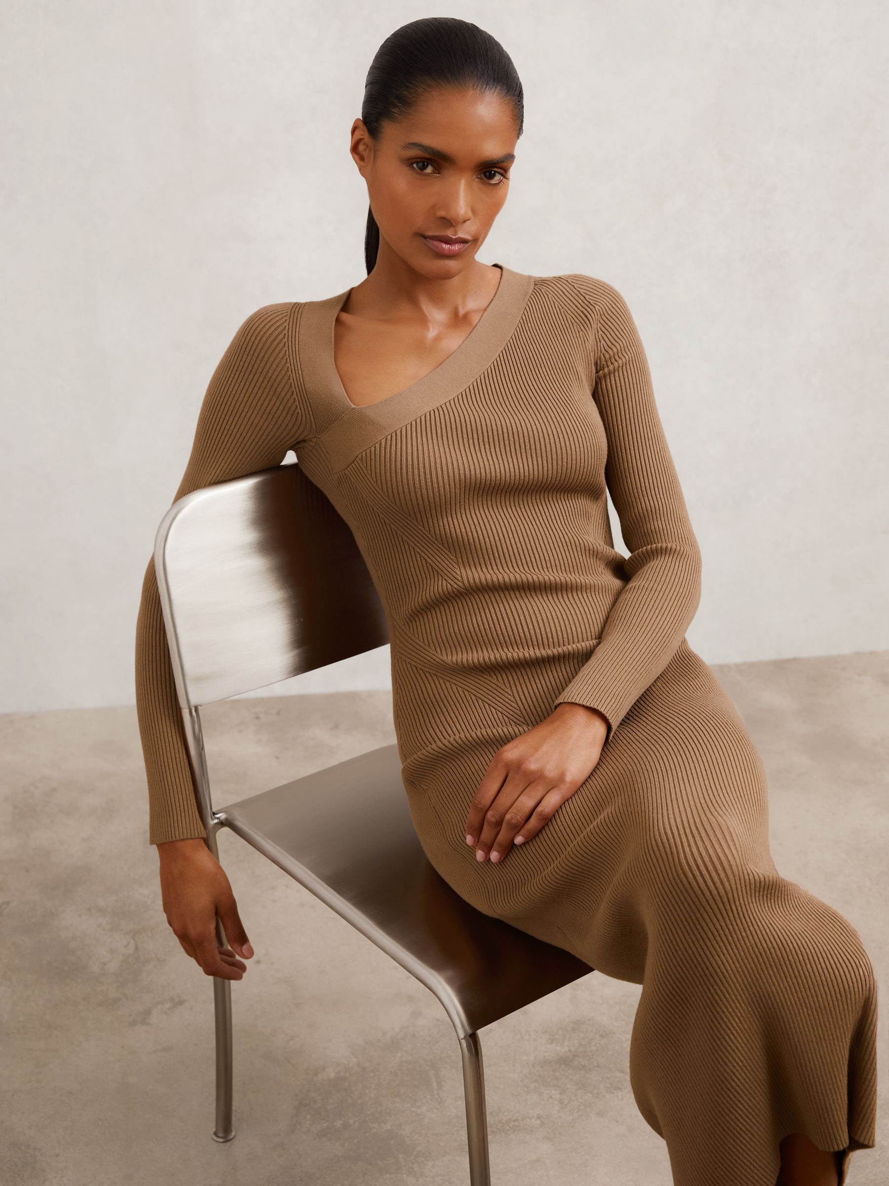 Asymmetric-Neck Rib-Knit Midi Dress in Camel