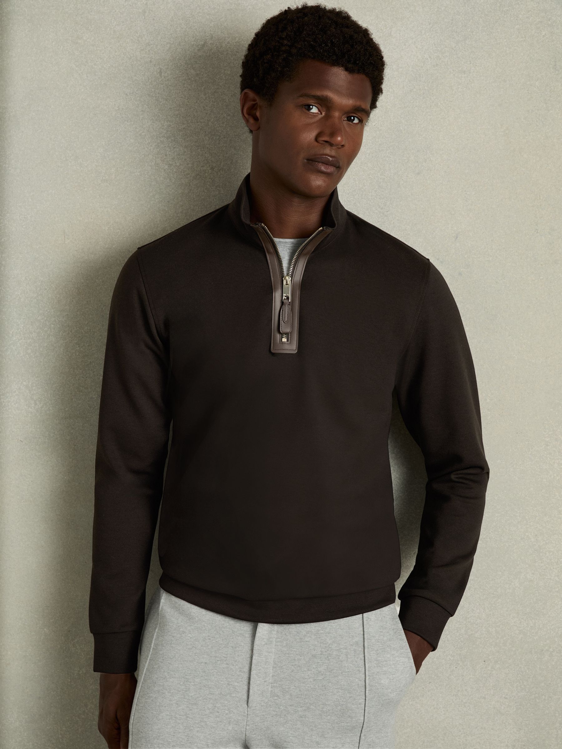 Leather-Placket Interlock-Jersey Sweatshirt in Chocolate Brown