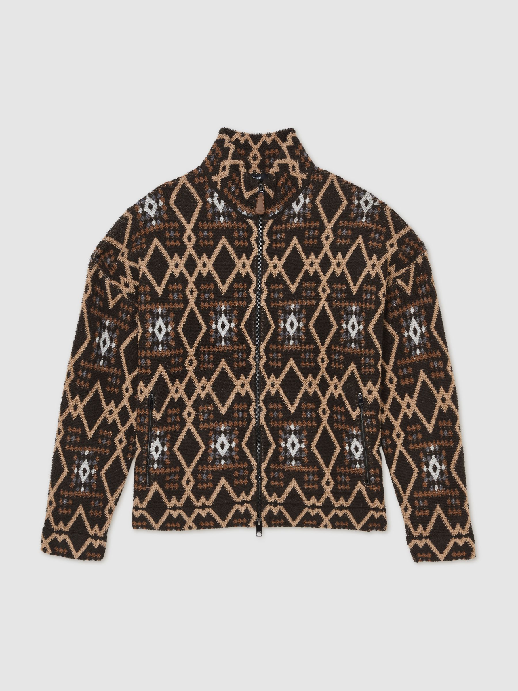 Geometric Fair Isle Zip-Through Jumper with Wool in Brown Multi