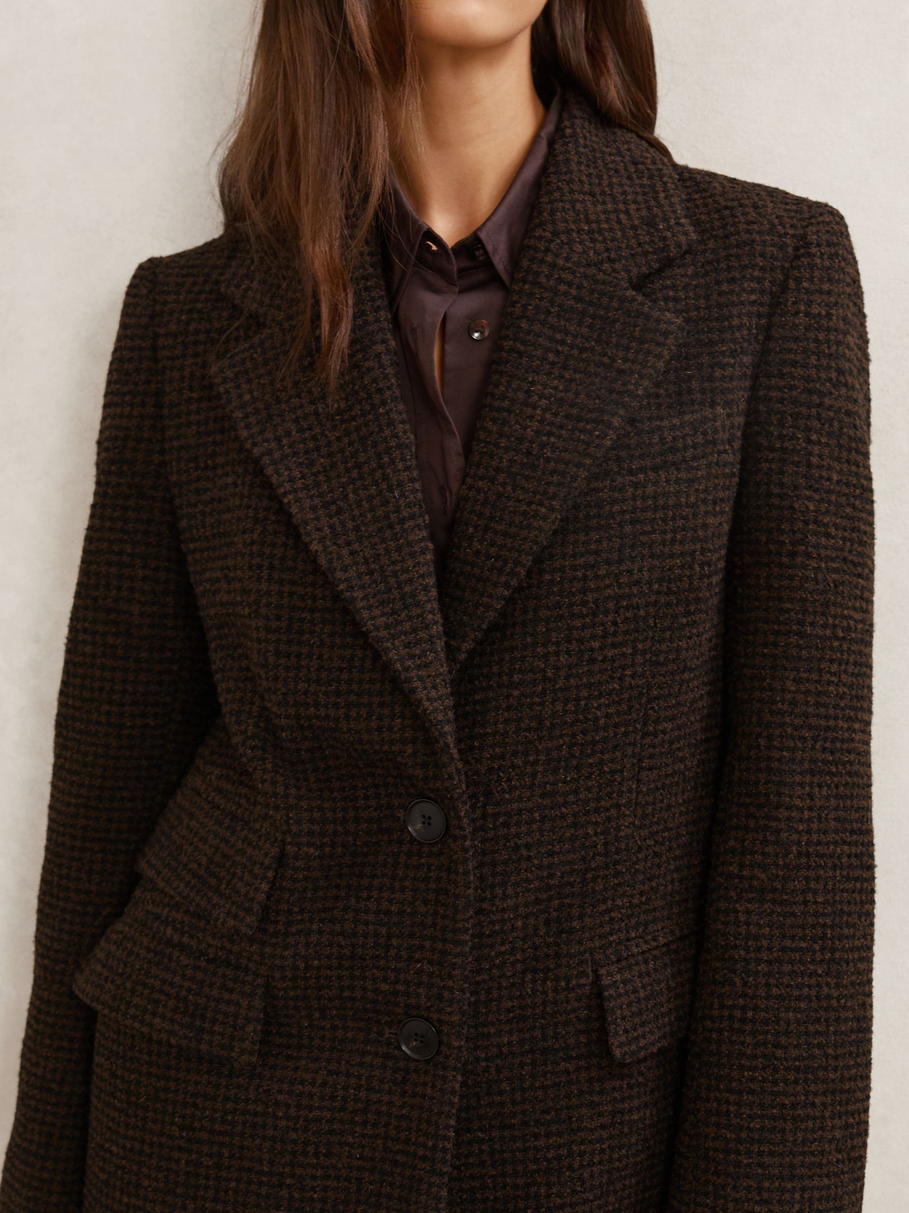 Petite Wool-Blend Houndstooth Check Coat in Chocolate Brown Check