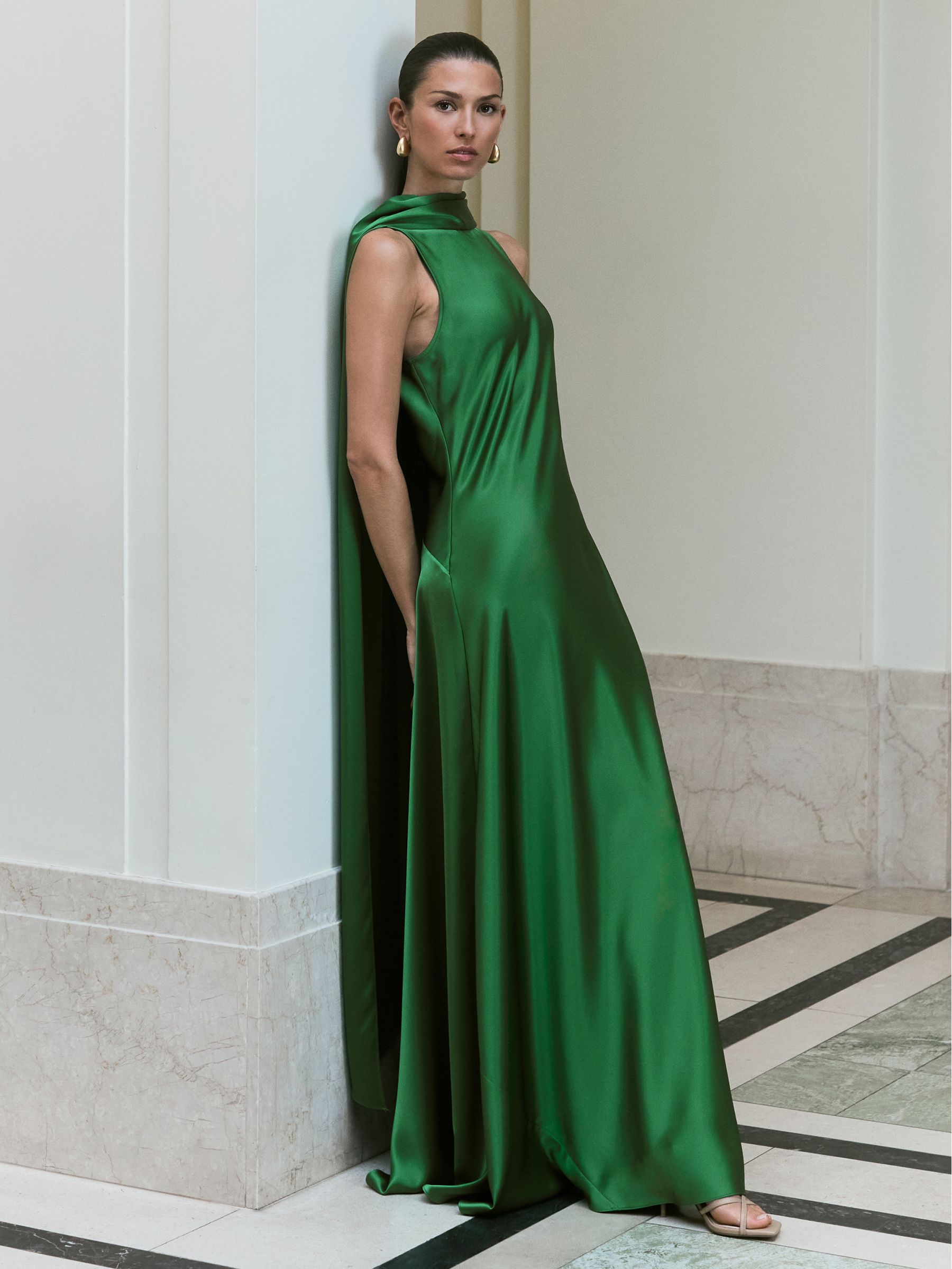 Satin Cape Maxi Dress in Green