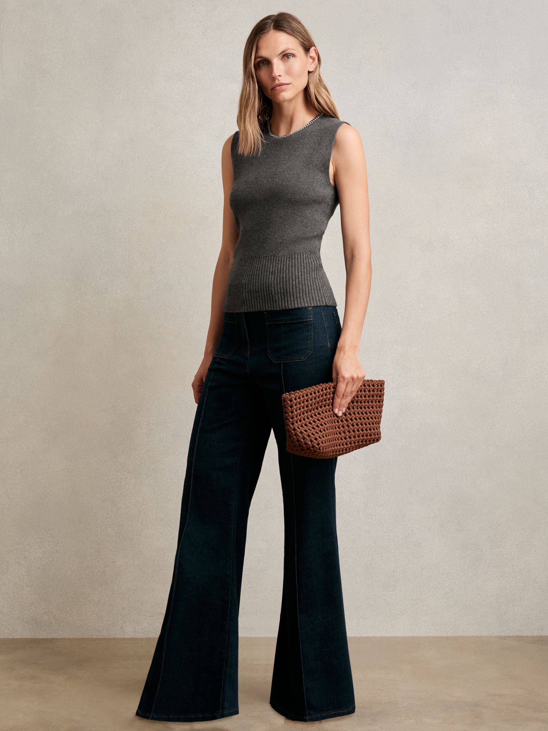 Wool-Blend Necklace-Trim Knitted Vest in Charcoal Grey