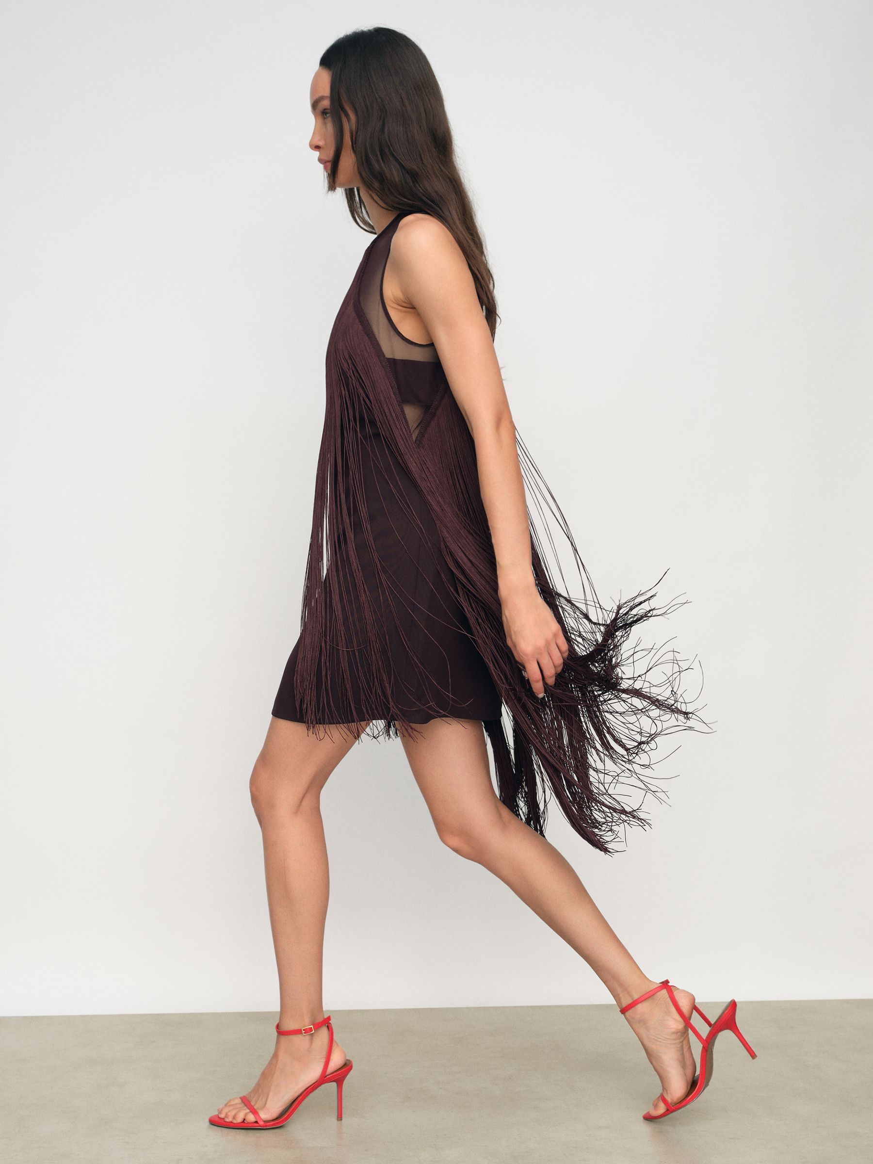 Fringe-Detail Sheer-Panel Mini Dress in Burgundy