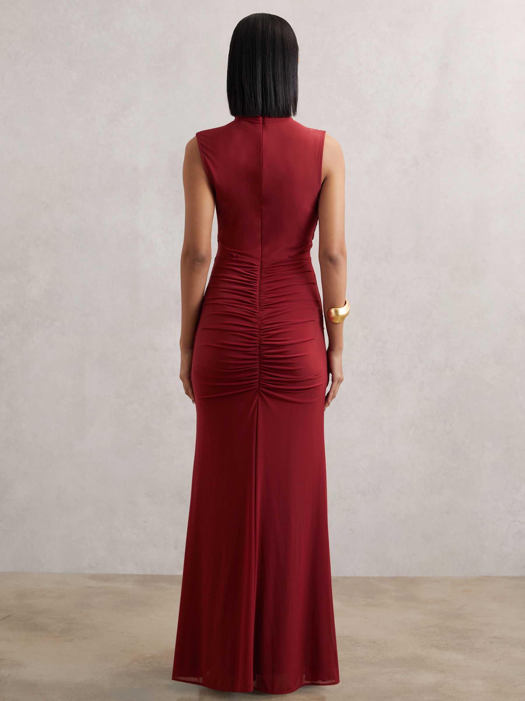 Ruched Sleeveless Maxi Dress in Dark Red