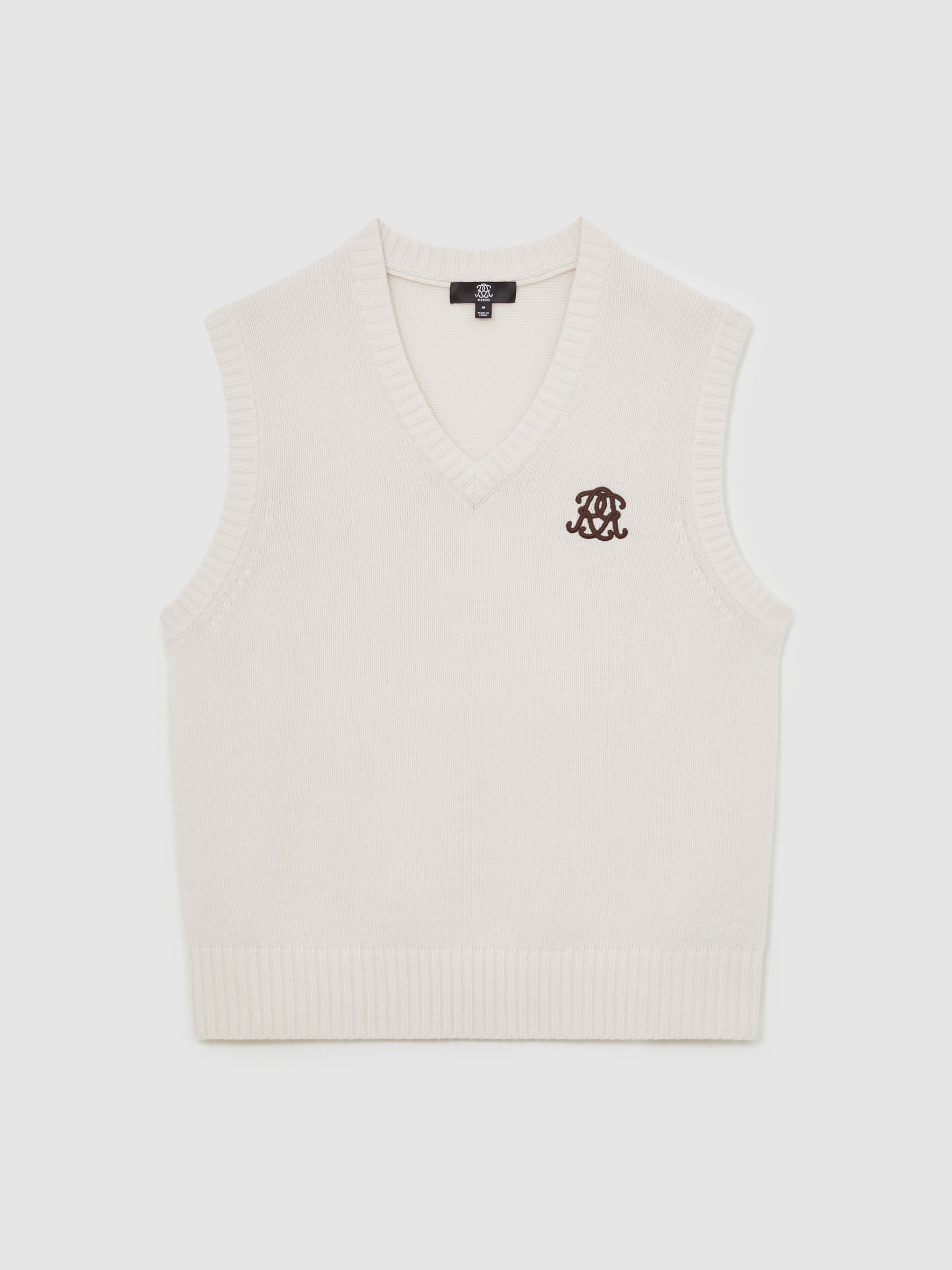 Monogram Embroidered Relaxed Wool Vest in Off White