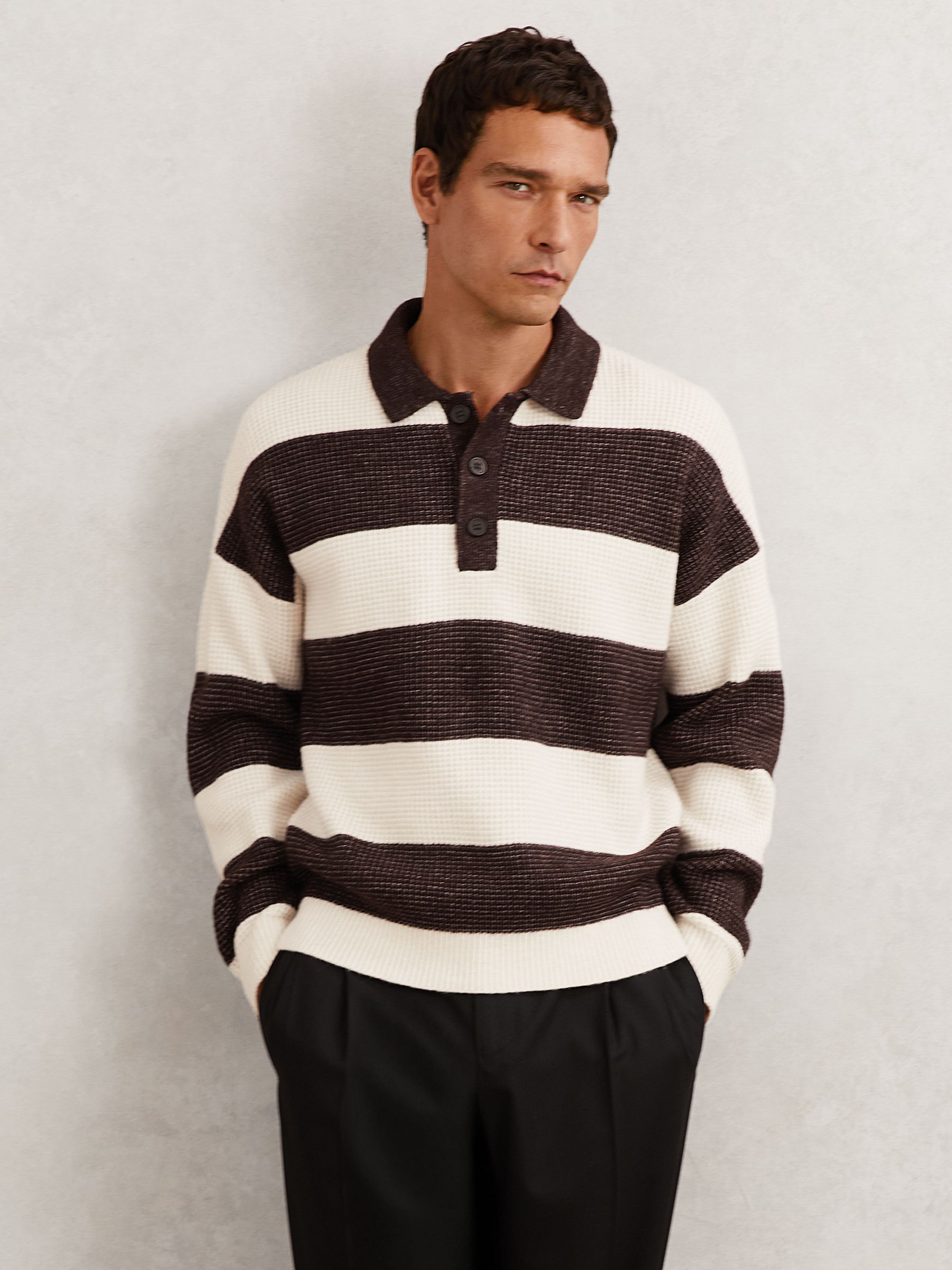 Waffle-Knit Stripe Half-Button Jumper with Wool in Chocolate Brown/Off White