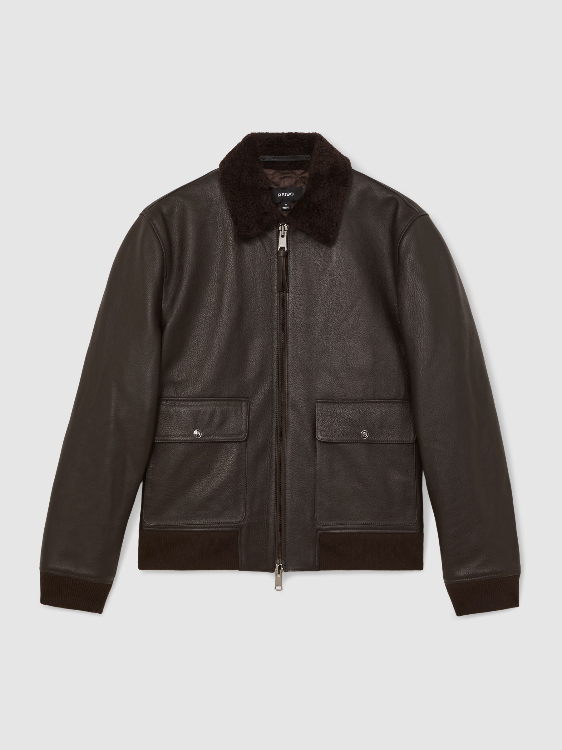 Leather Shearling-Collar Bomber Jacket in Brown