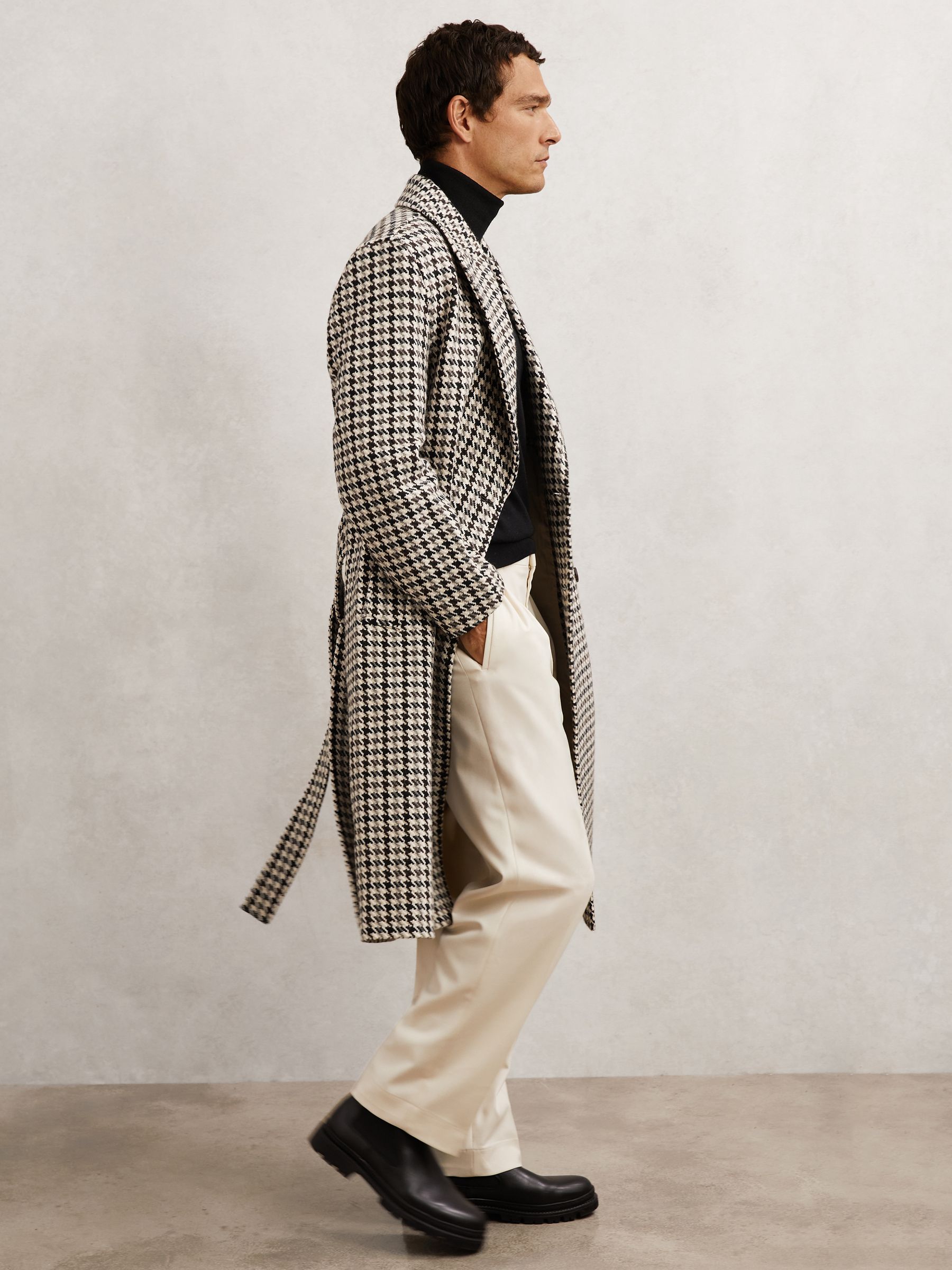 Wool Dogtooth Double-Breasted Overcoat in Brown Multi