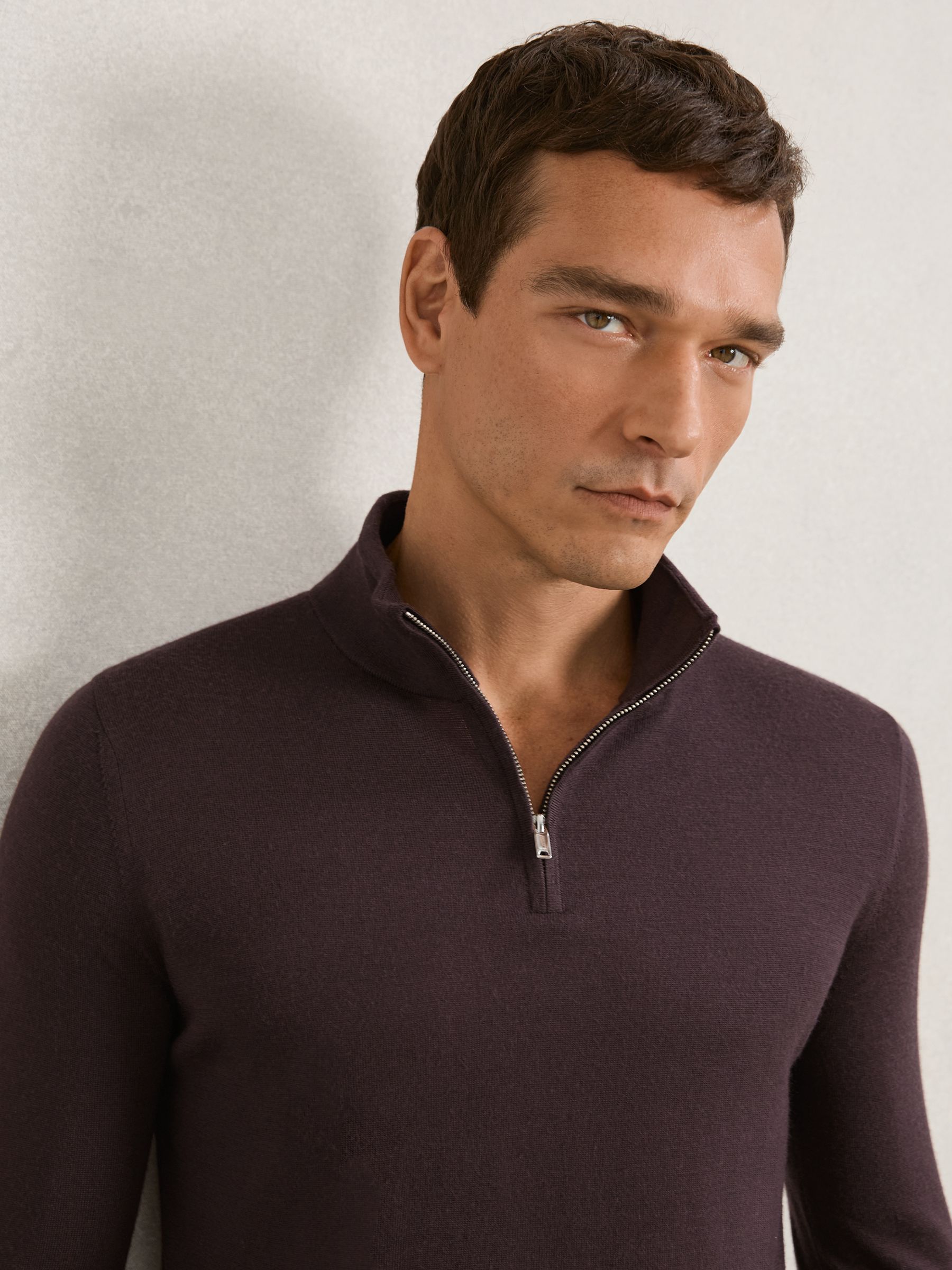 Merino Wool Half-Zip Funnel Neck Jumper in Dark Bordeaux