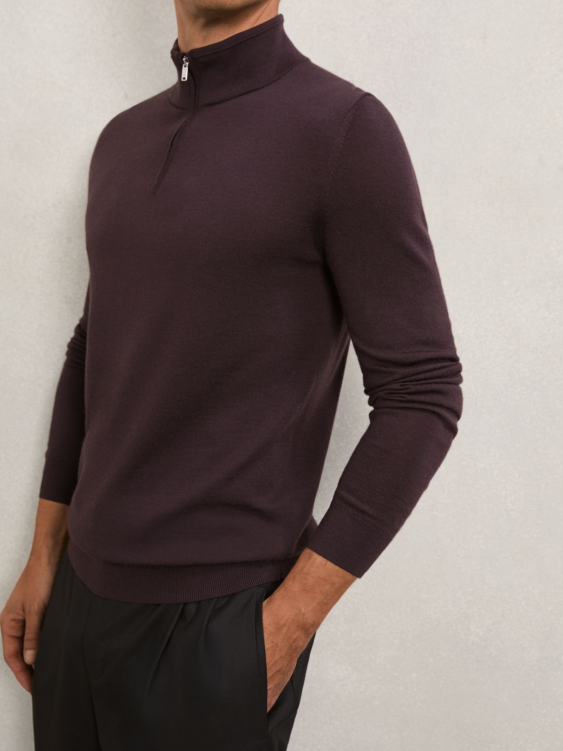 Merino Wool Half-Zip Funnel Neck Jumper in Dark Bordeaux