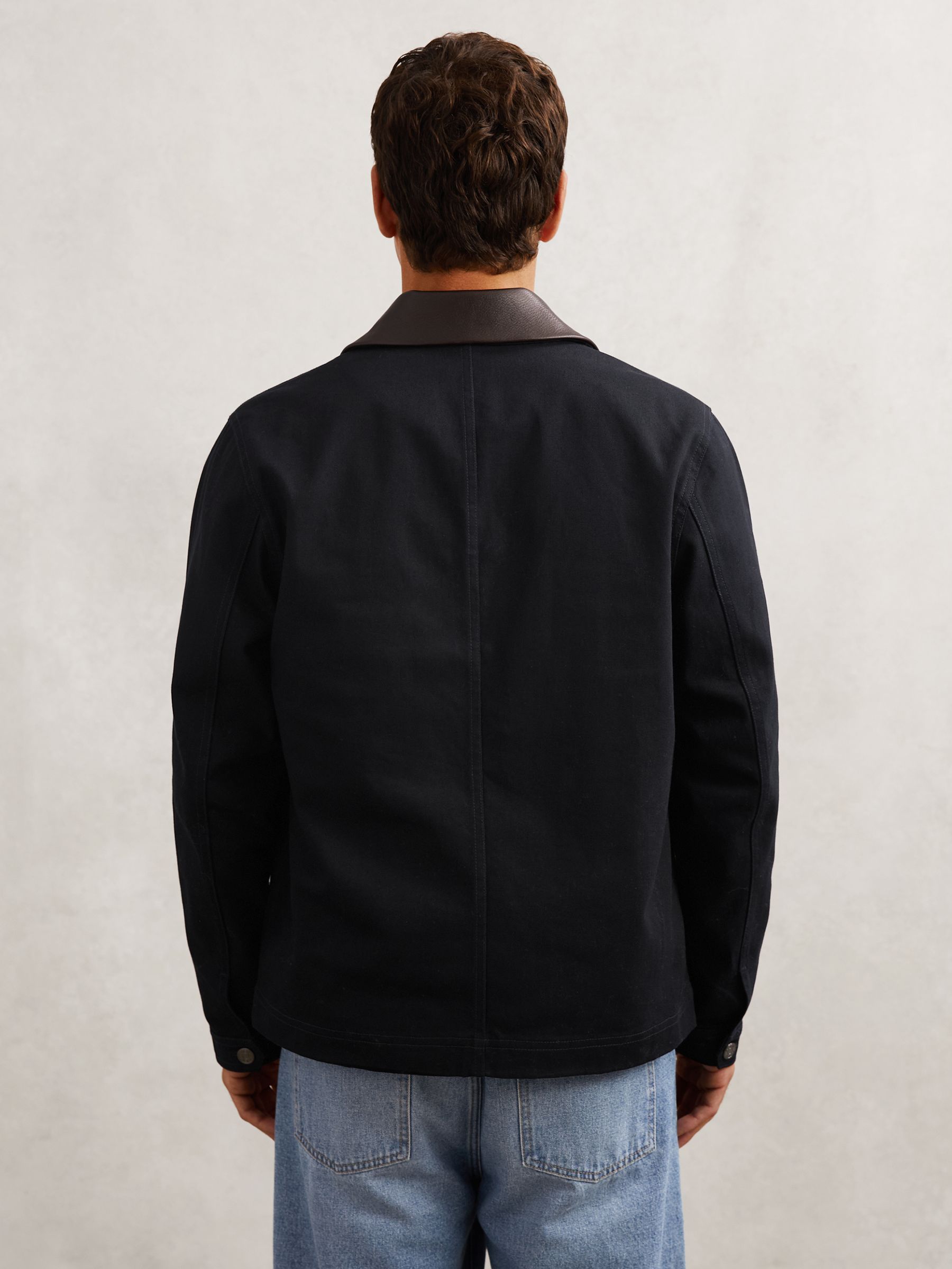 Denim Leather-Collar Worker Jacket in Indigo Blue