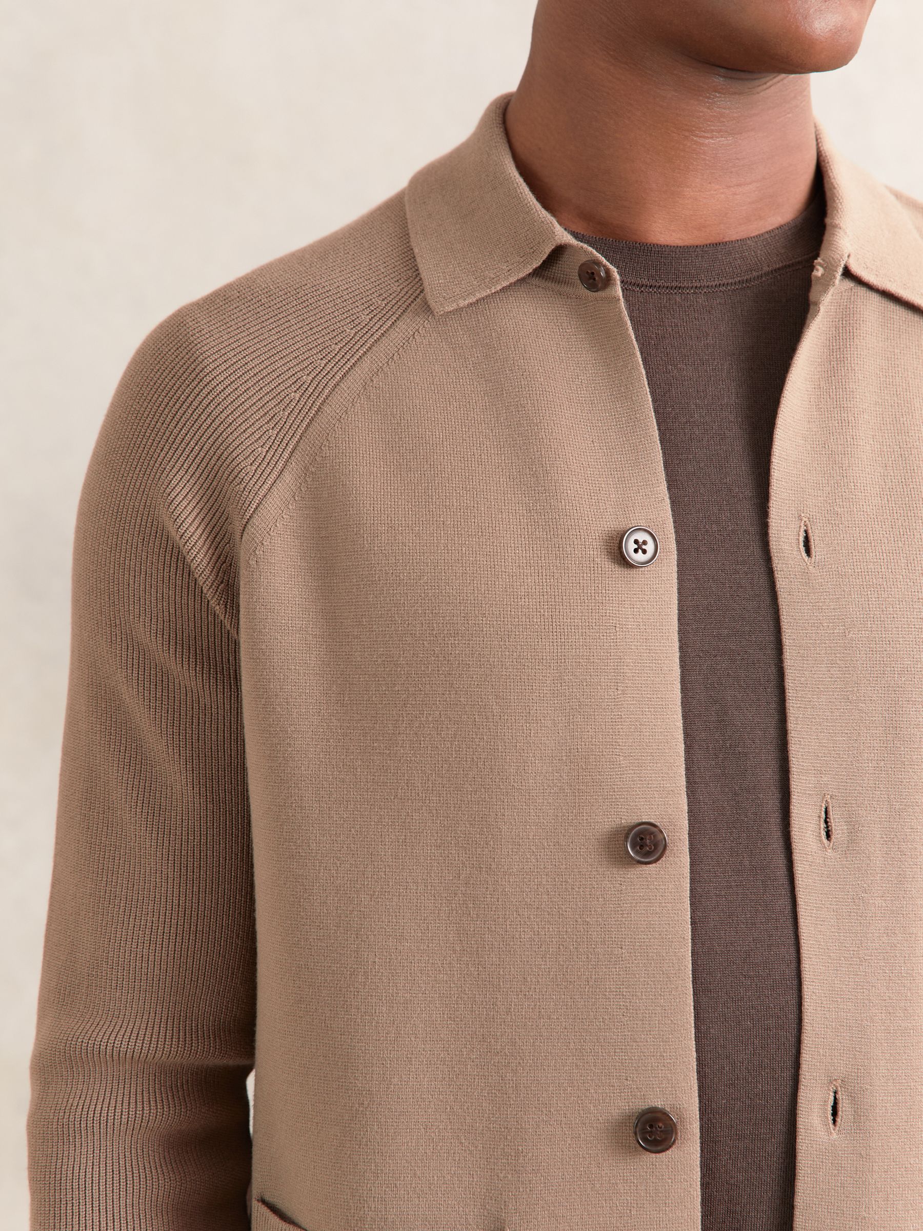 Button-Through Ribbed-Sleeve Cardigan in Camel Brown