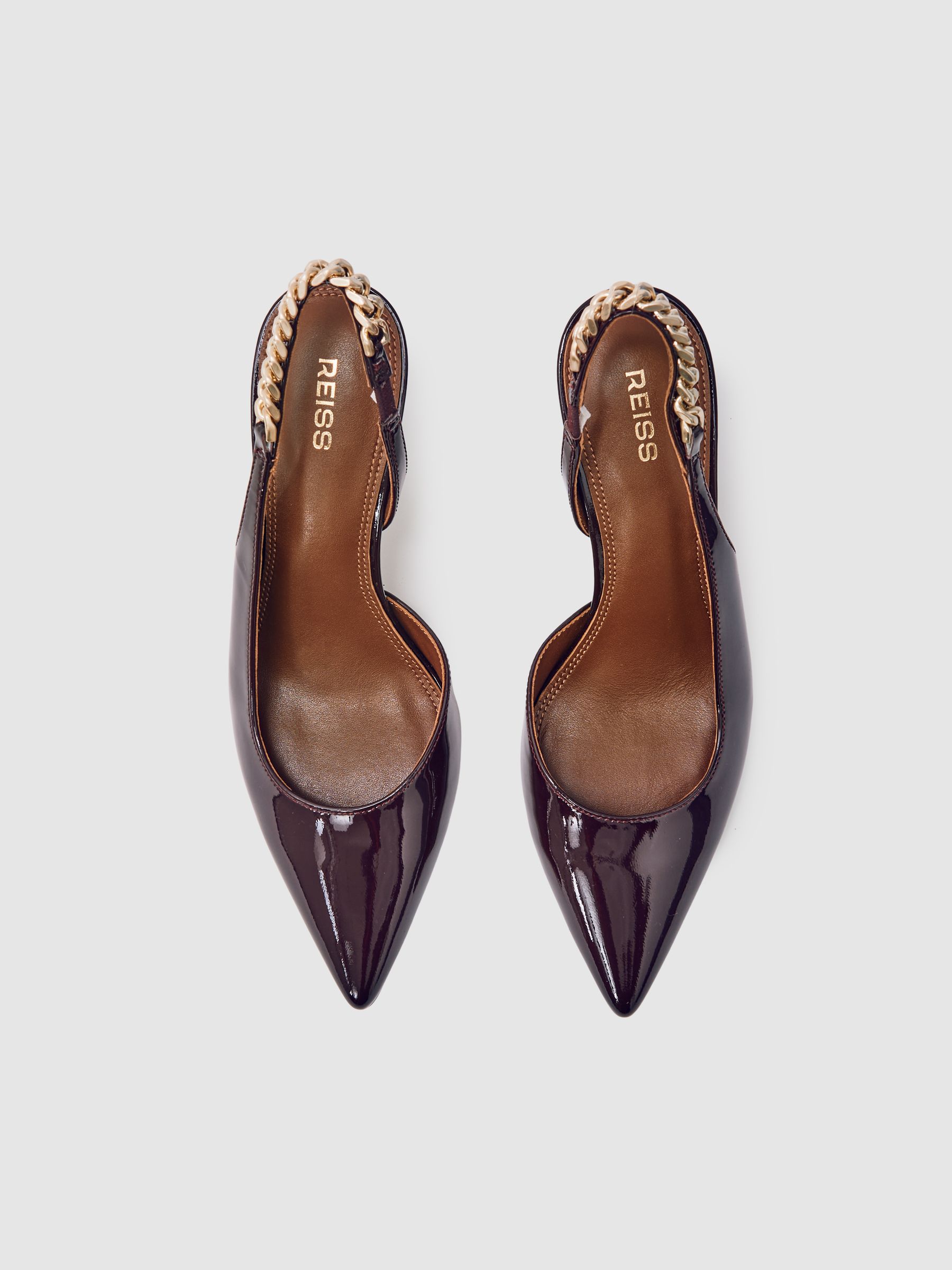 Patent-Leather Chain-Slingback Heels in Burgundy