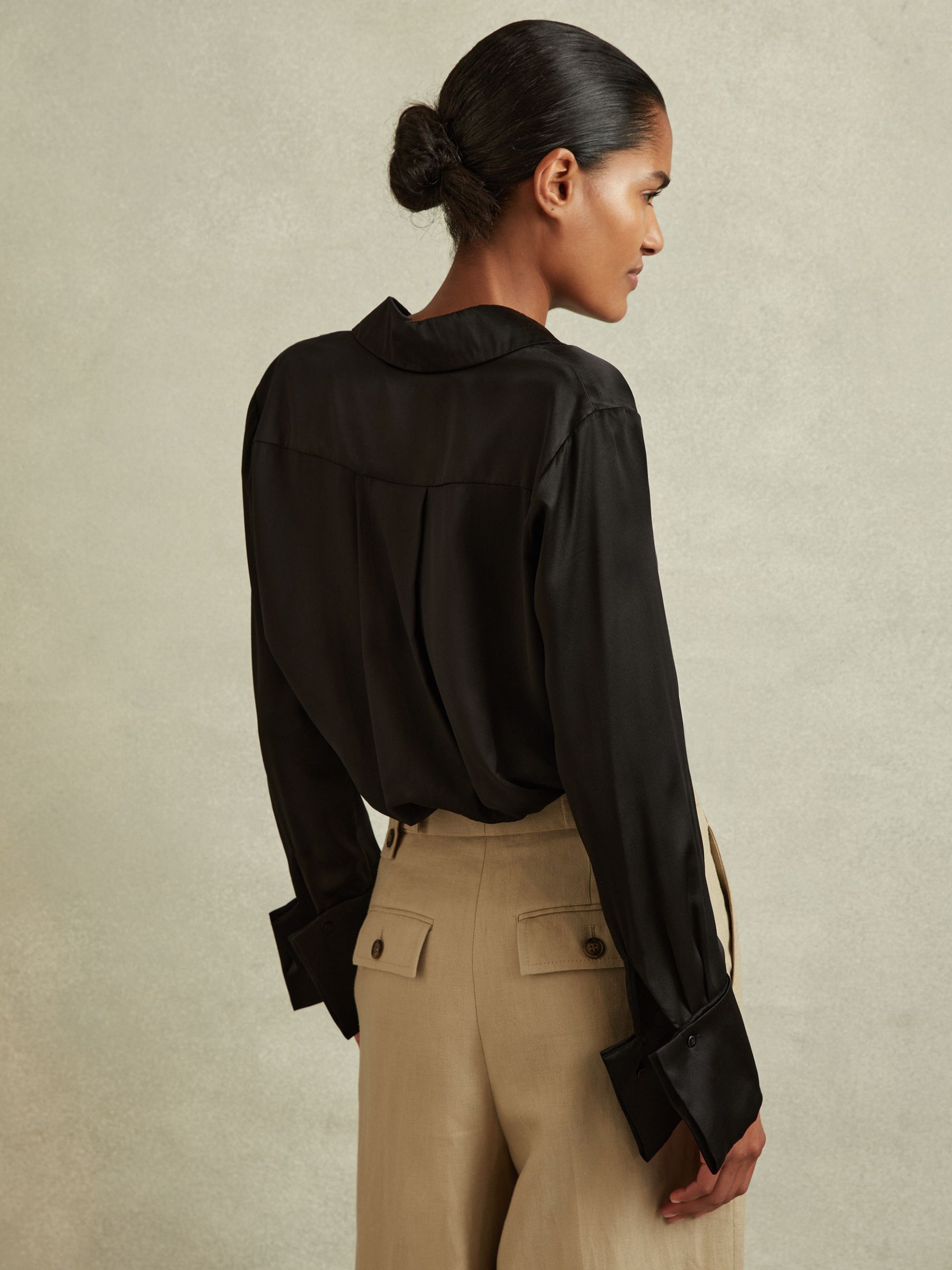 Silk Double-Cuff Button-Through Shirt in Black