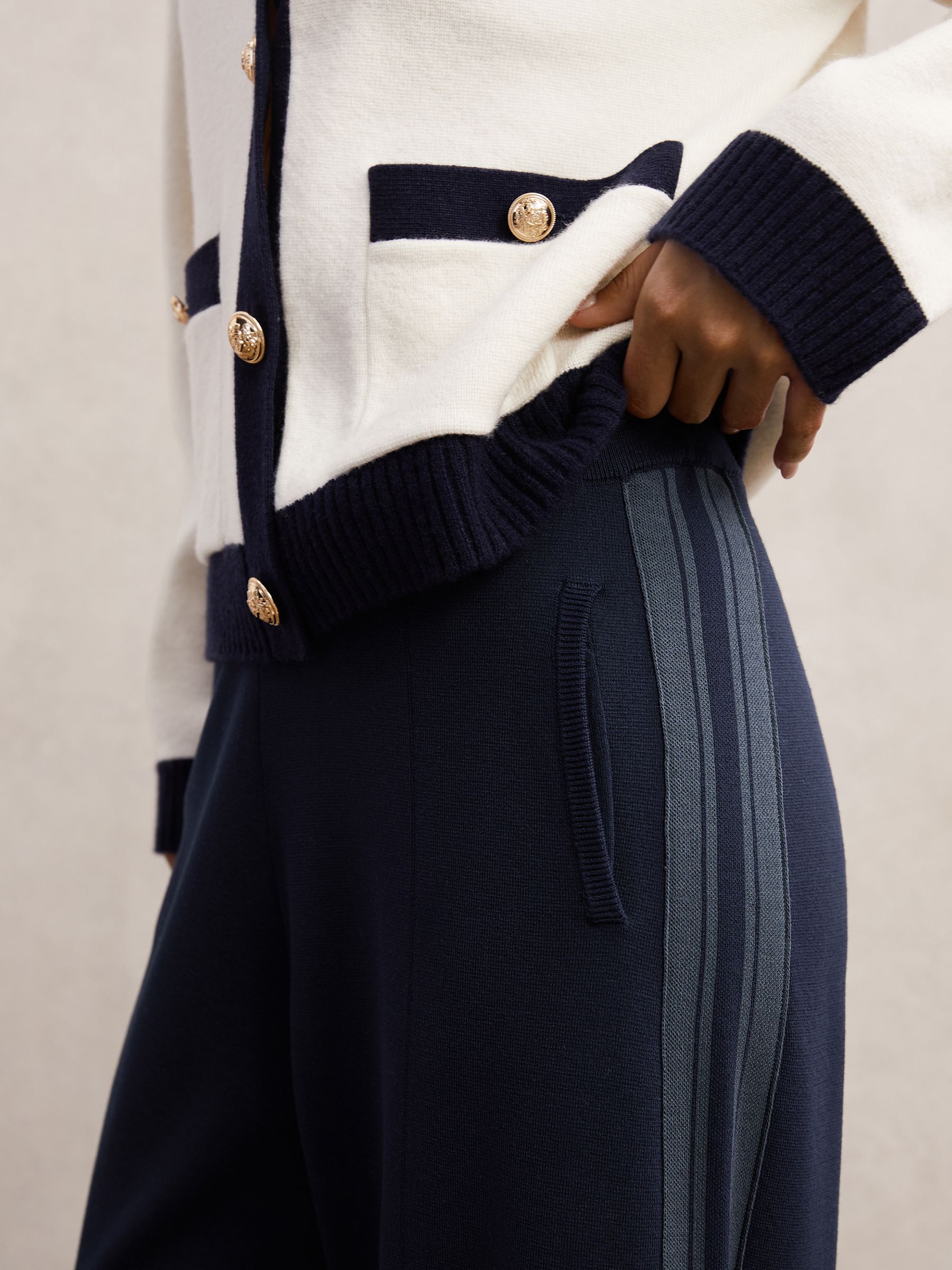 Petite Knitted Side-Stripe Wide-Leg Trousers in Navy